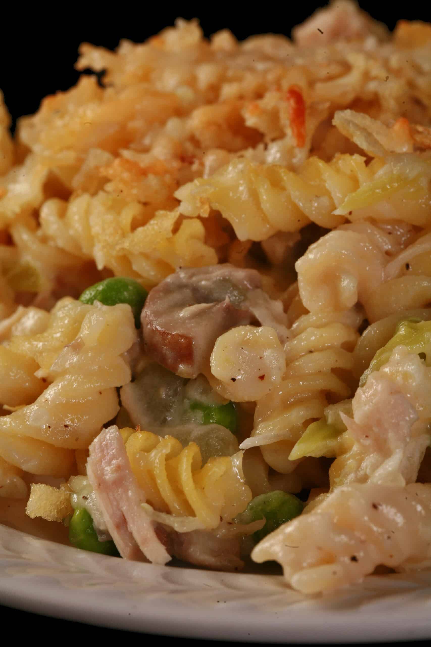 A close up photo of a serving of gluten free tuna casserole.