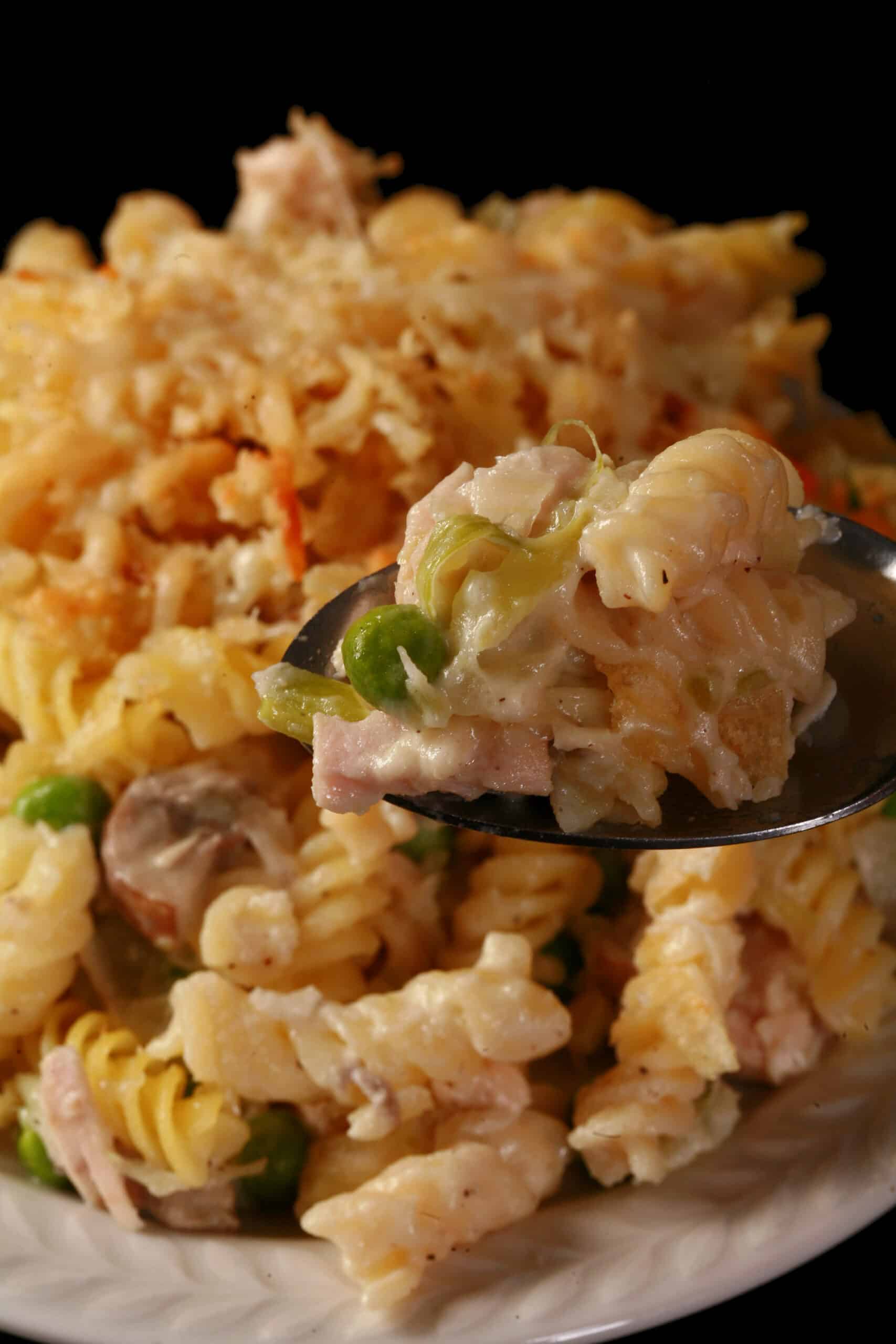 A close up photo of a pan of gluten-free tuna casserole.