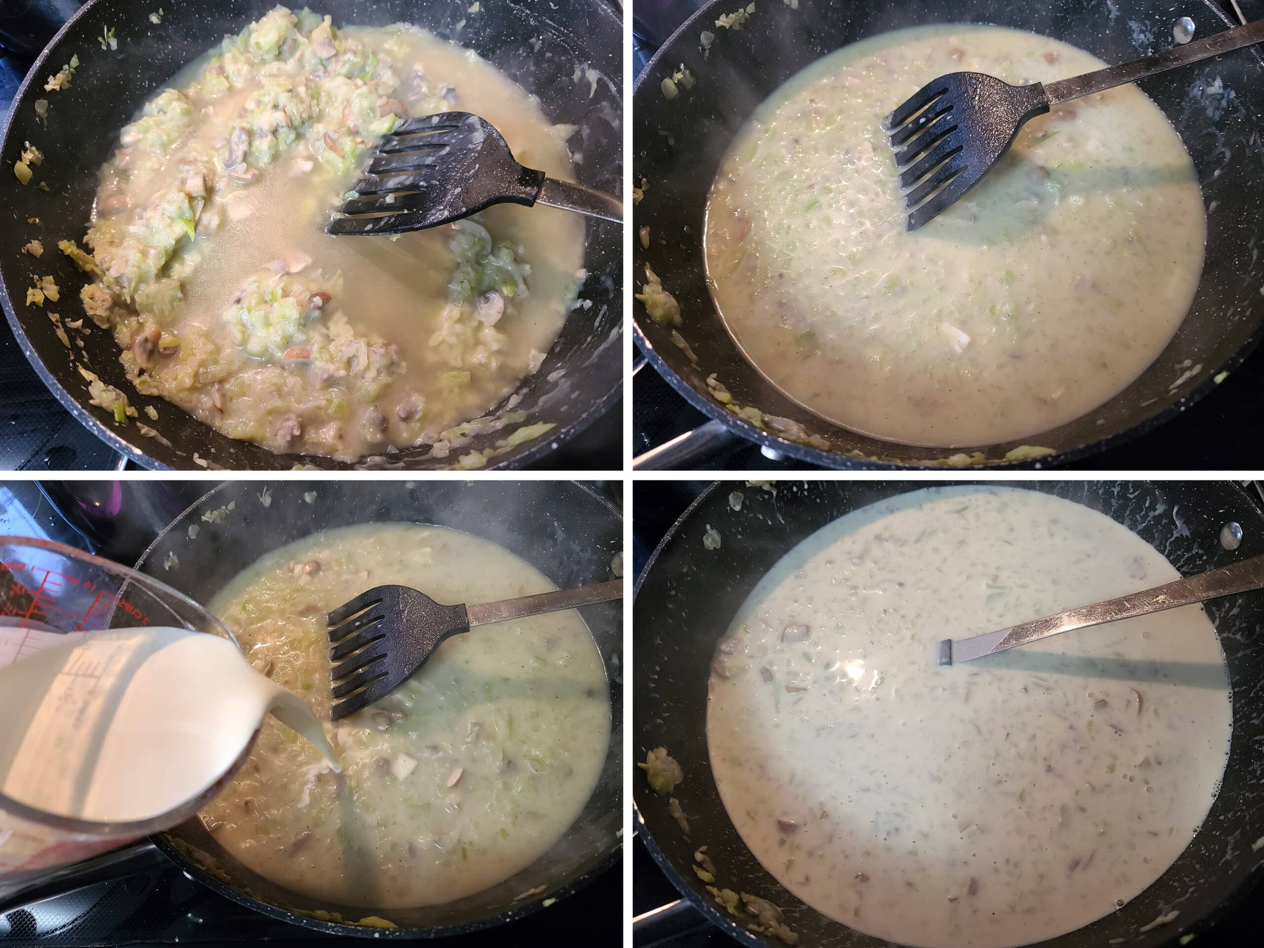 4 part image showing the chicken broth and heavy cream being added to the vegetable mixture.