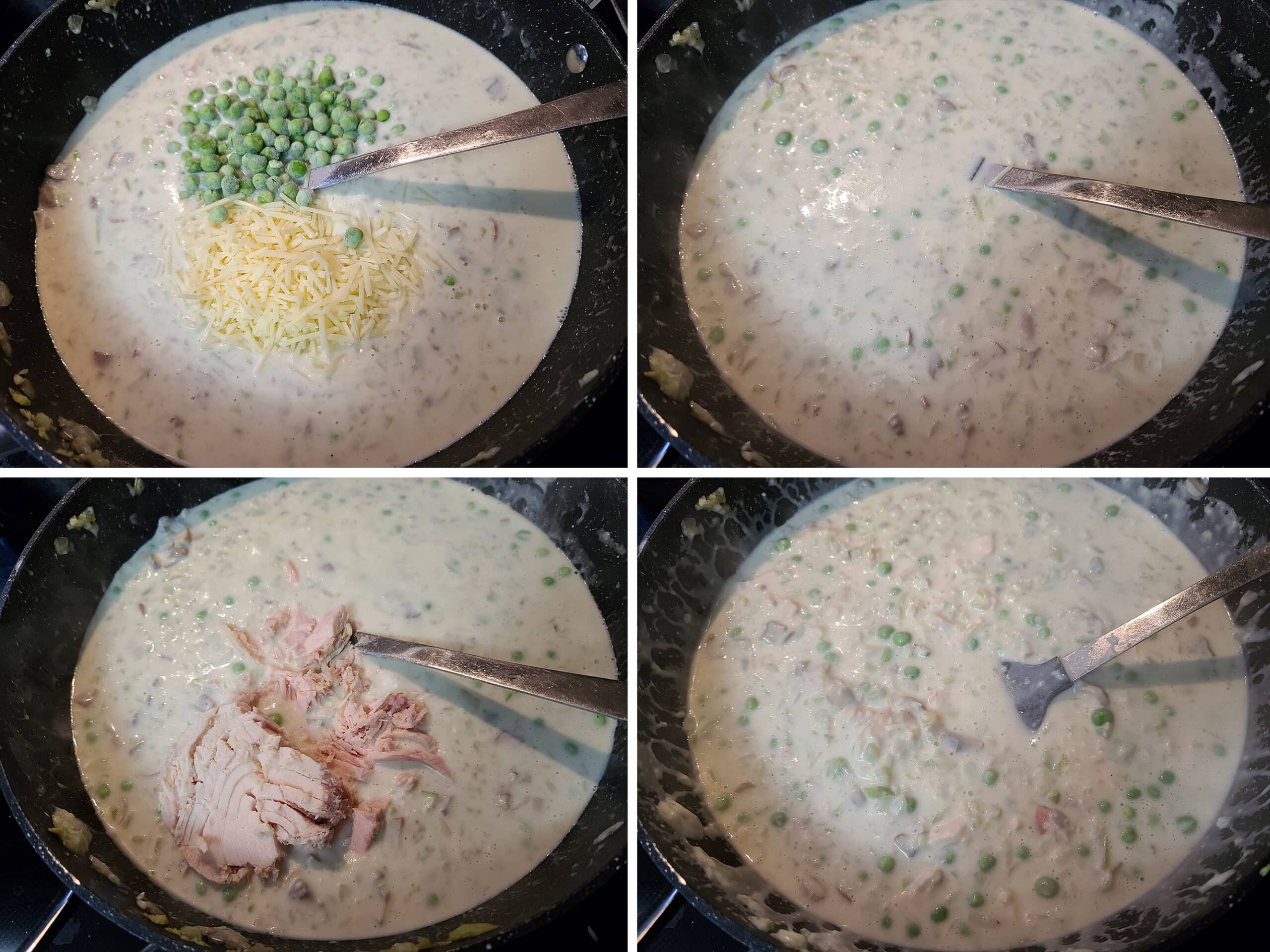 4 part image showing the frozen peas, Parmesan cheese, and tuna being added to the casserole sauce.