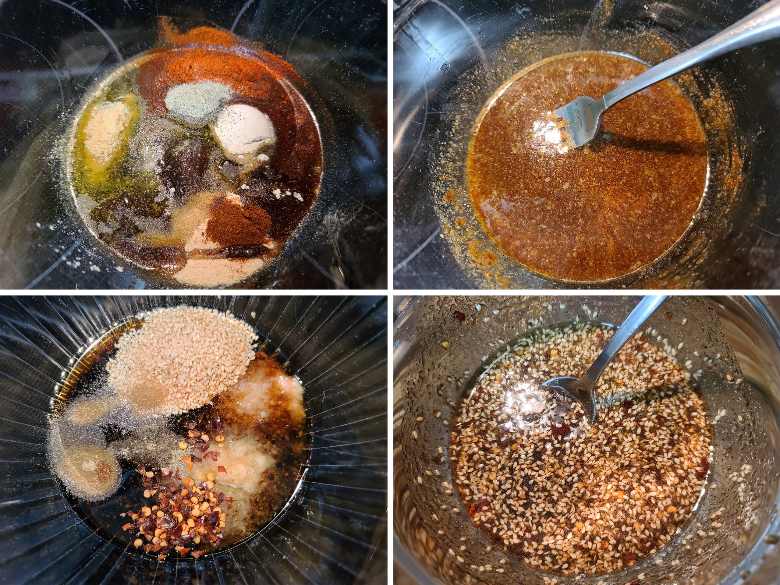 4 part image showing the two different marinades being mixed in separate bowls.