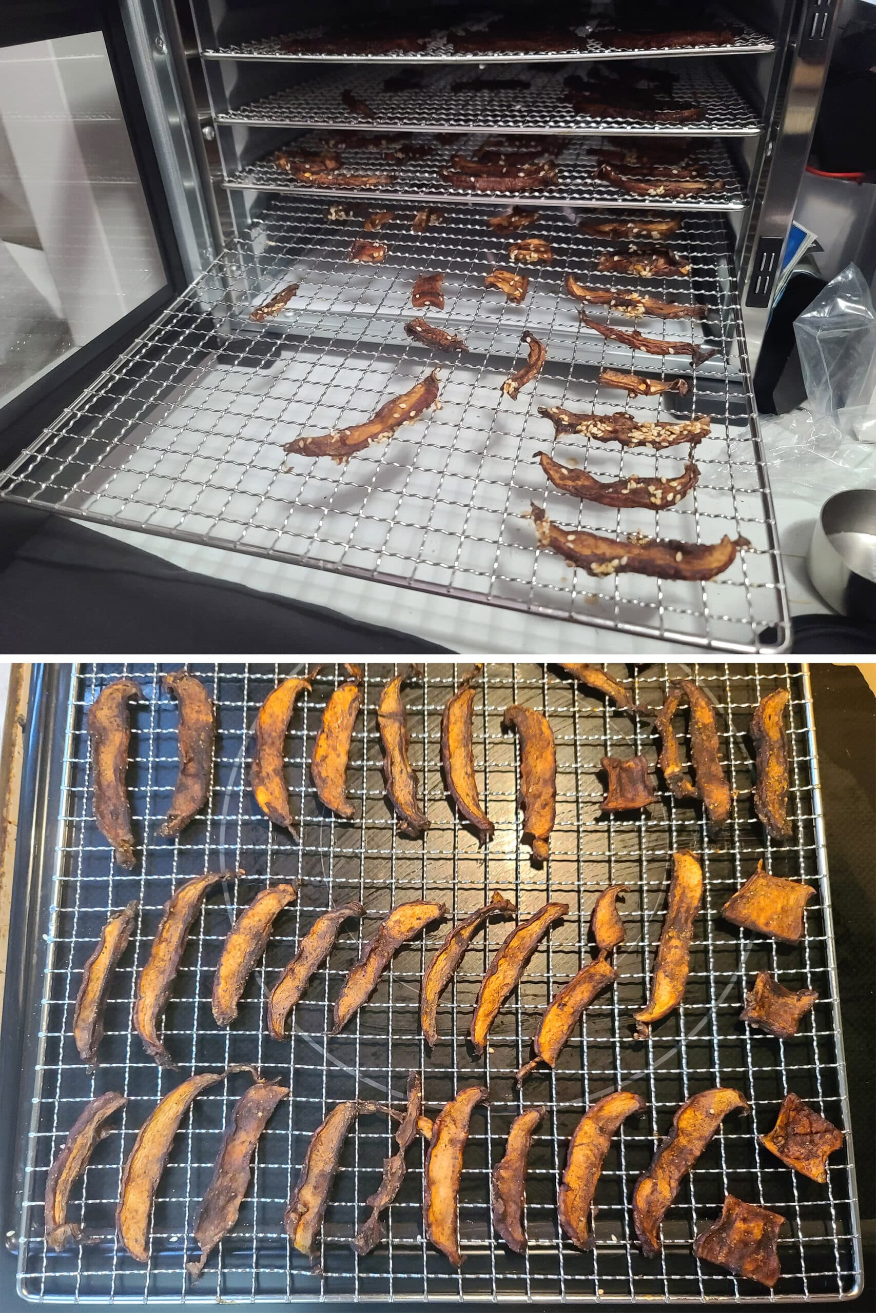 2 part image showing a rack of dehydrated mushroom jerky in the dehydrator, then out of the dehydrator.