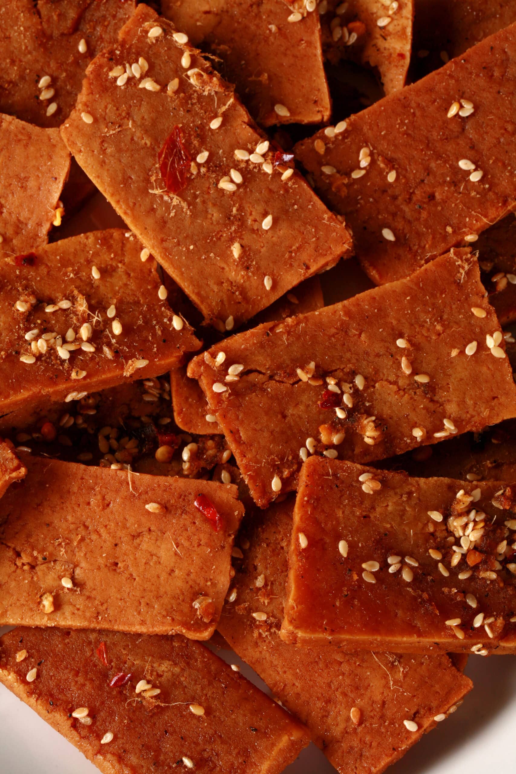 A plate of homemade tofu jerky.