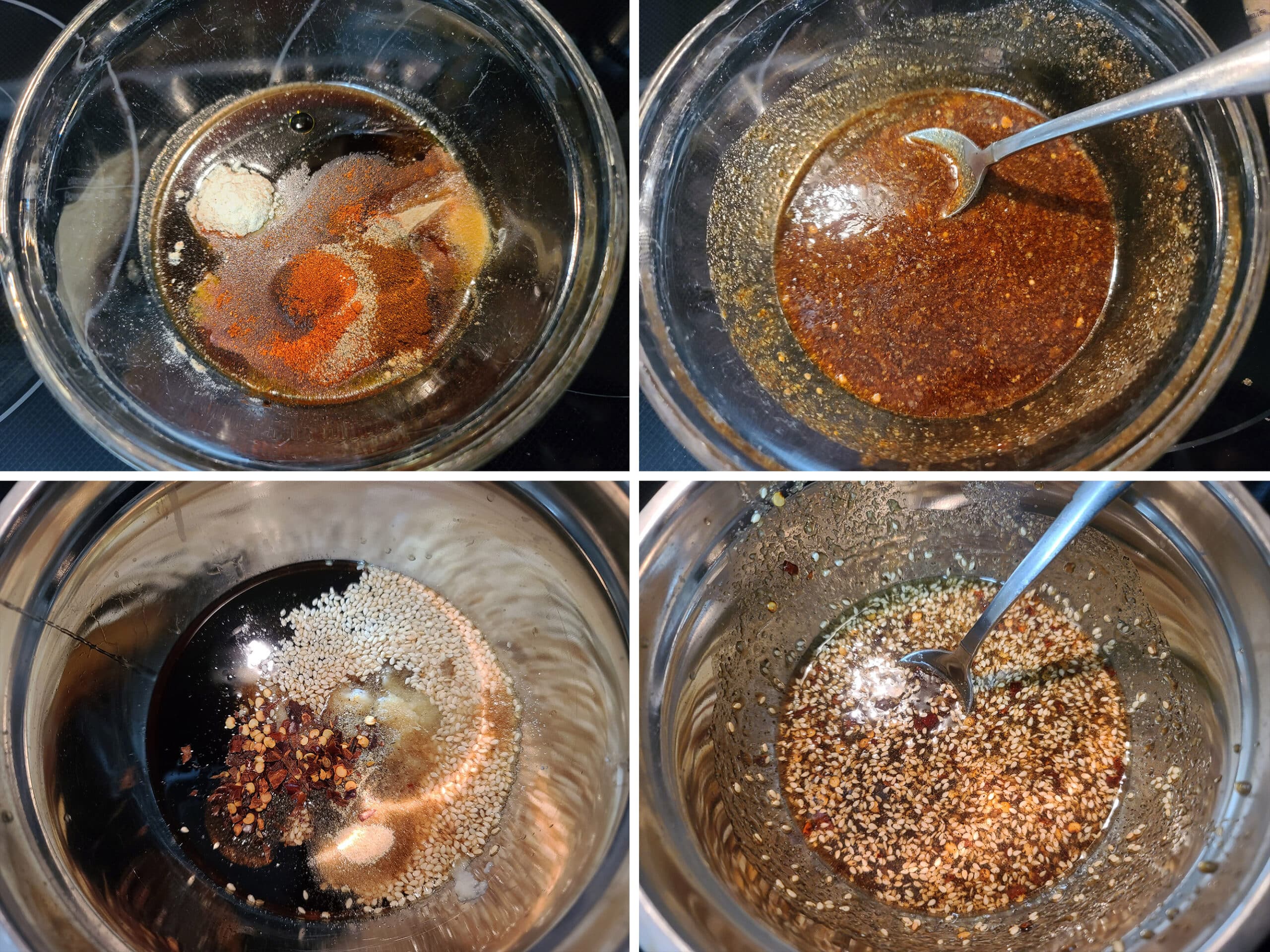 2 part image showing the two different marinades being mixed up in glass bowls.