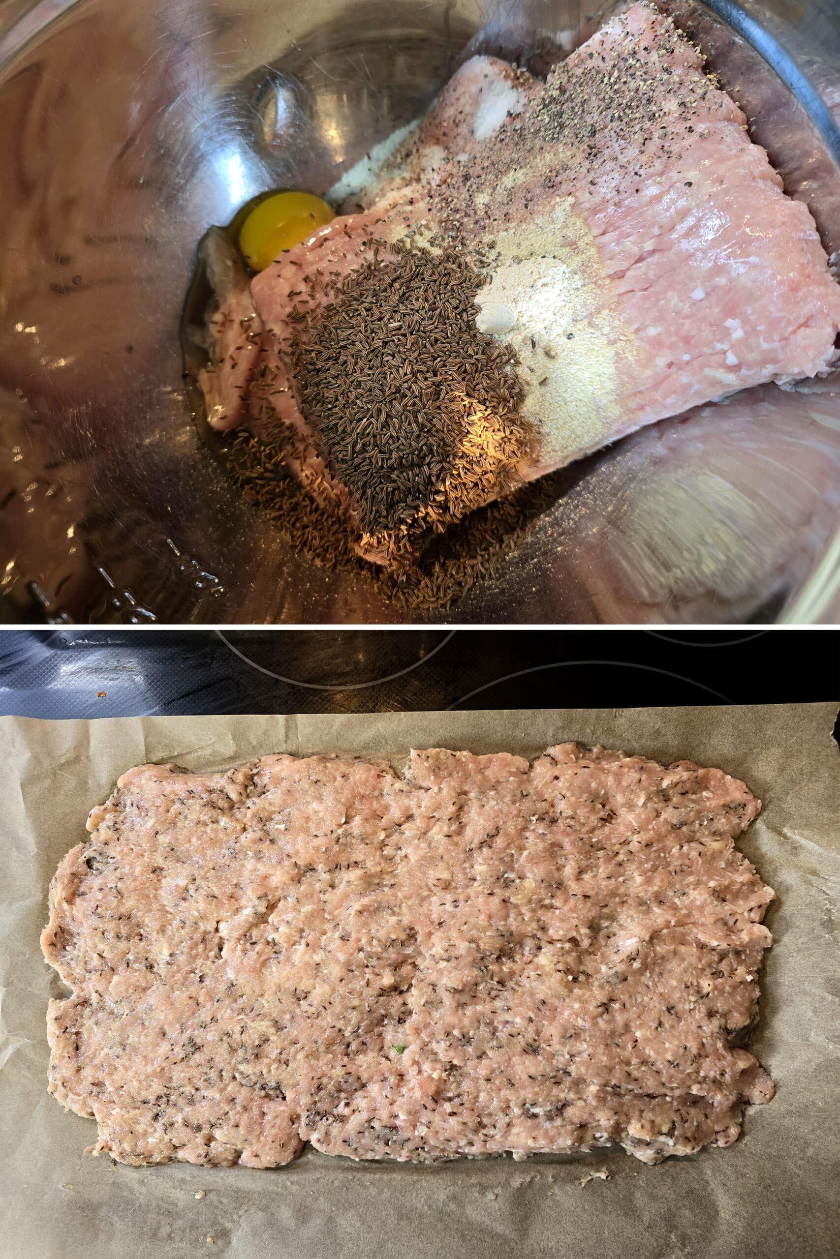 2 part image showing the chicken mixture ingredients in a bowl, then mixed and spread out on parchment paper.