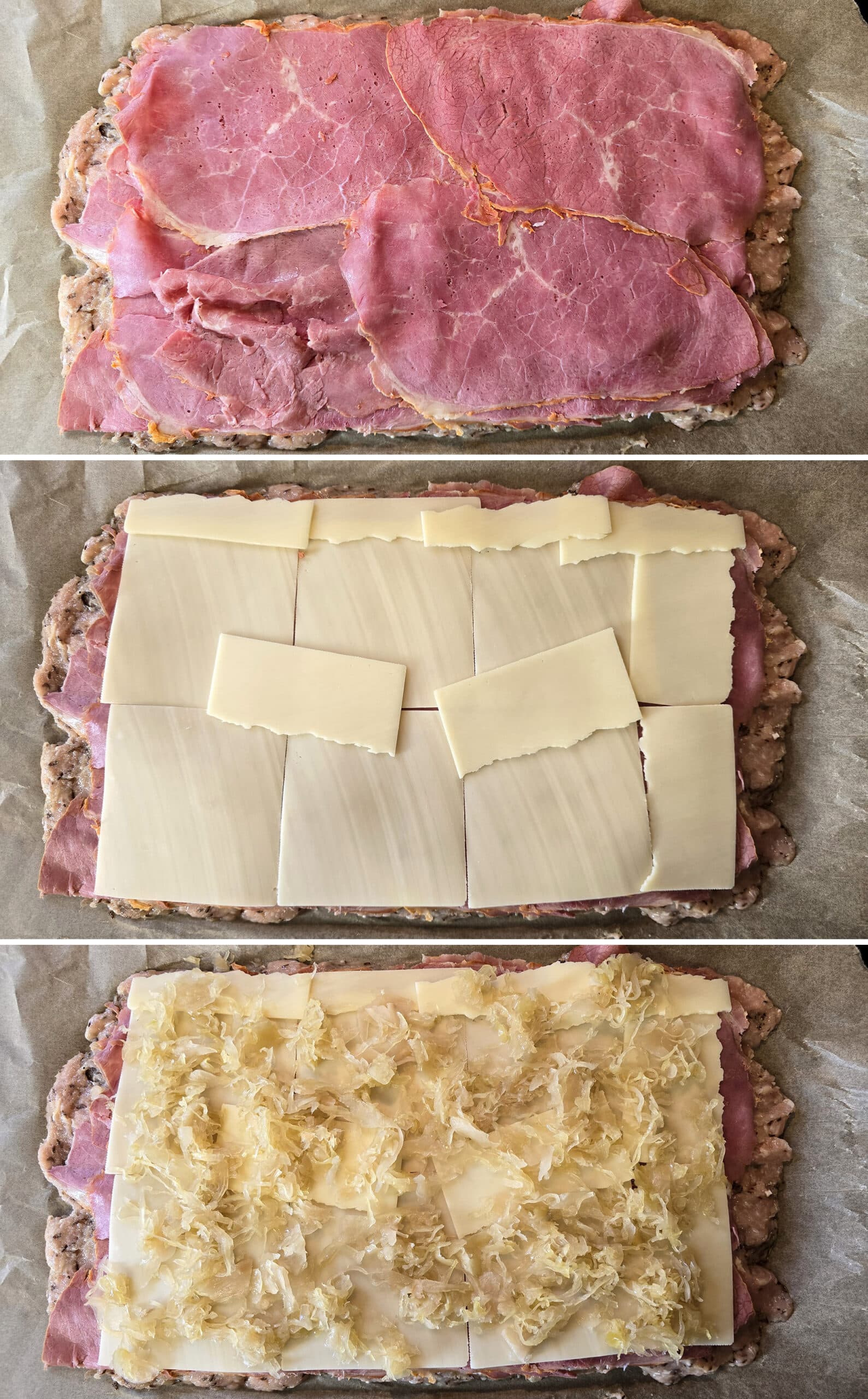 3 part image showing corned beef, swiss cheese, and sauerkraut being layered over the meat mixture.