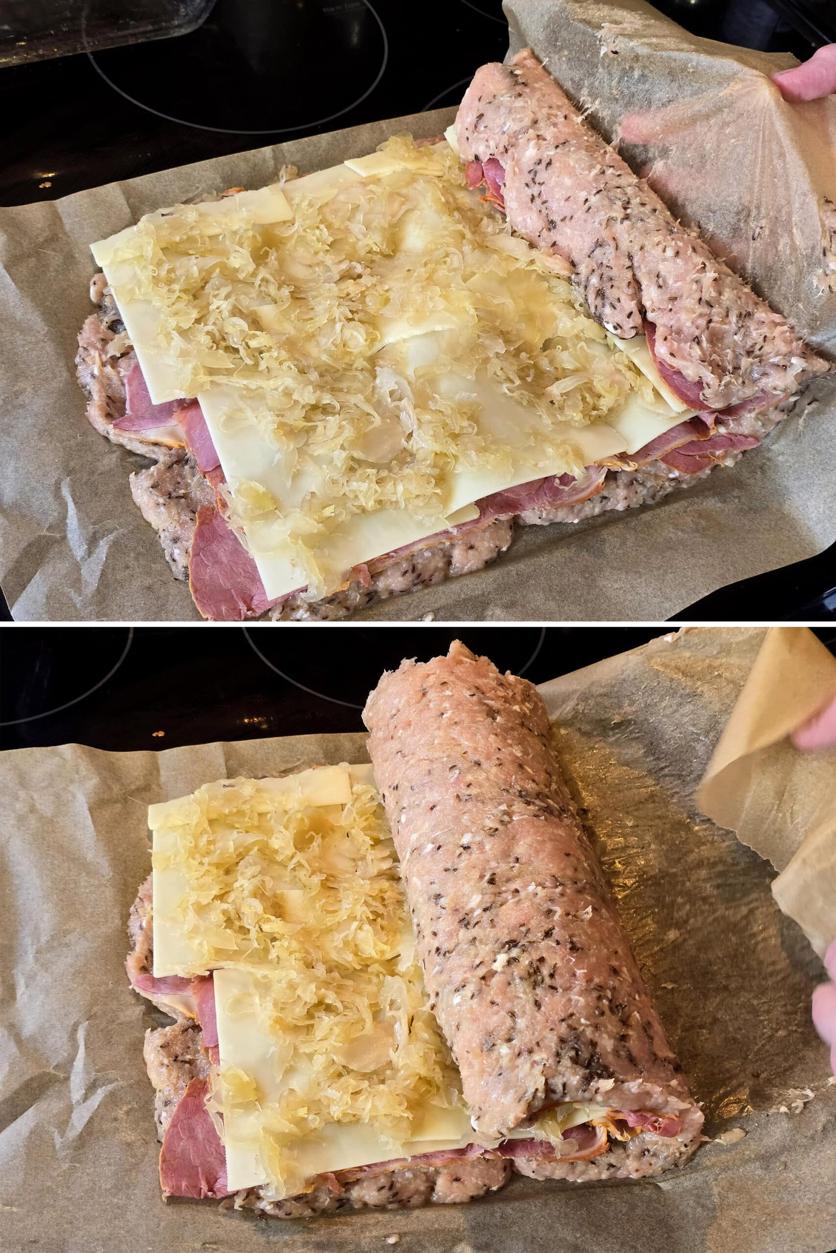 2 part image showing the layers of meat and sandwich ingredients being rolled up.