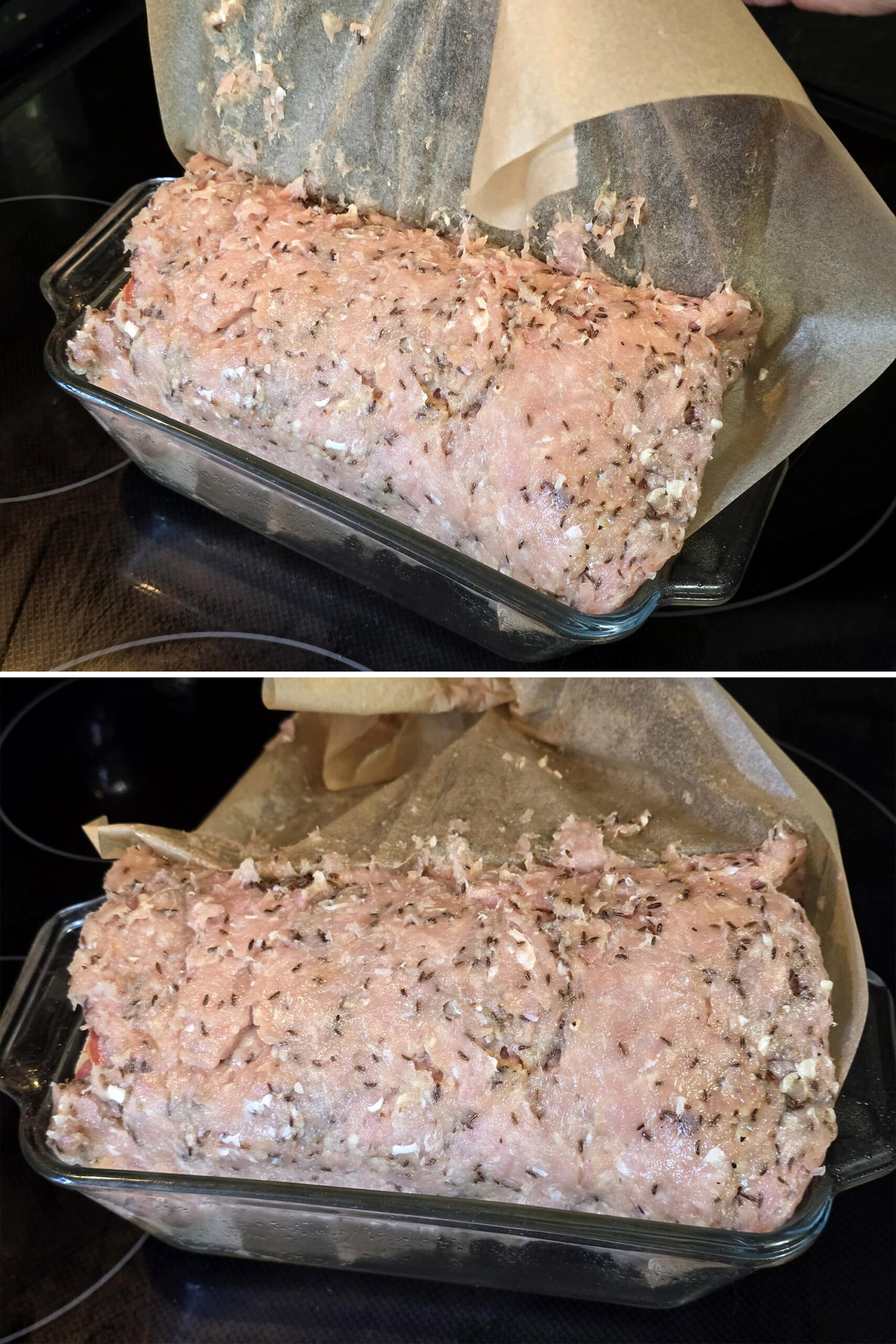 2 part image showing the Reuben meatloaf being eased into the prepared loaf pan.