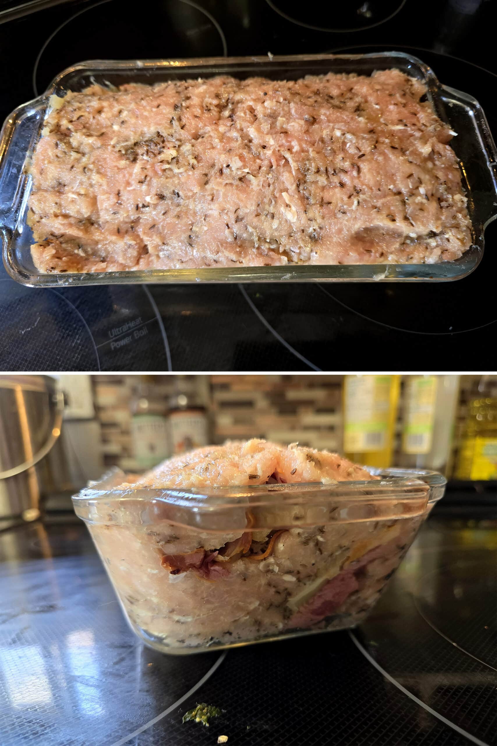 2 part image showing the top and side views of the uncooked reuben meatloaf in the loaf pan.