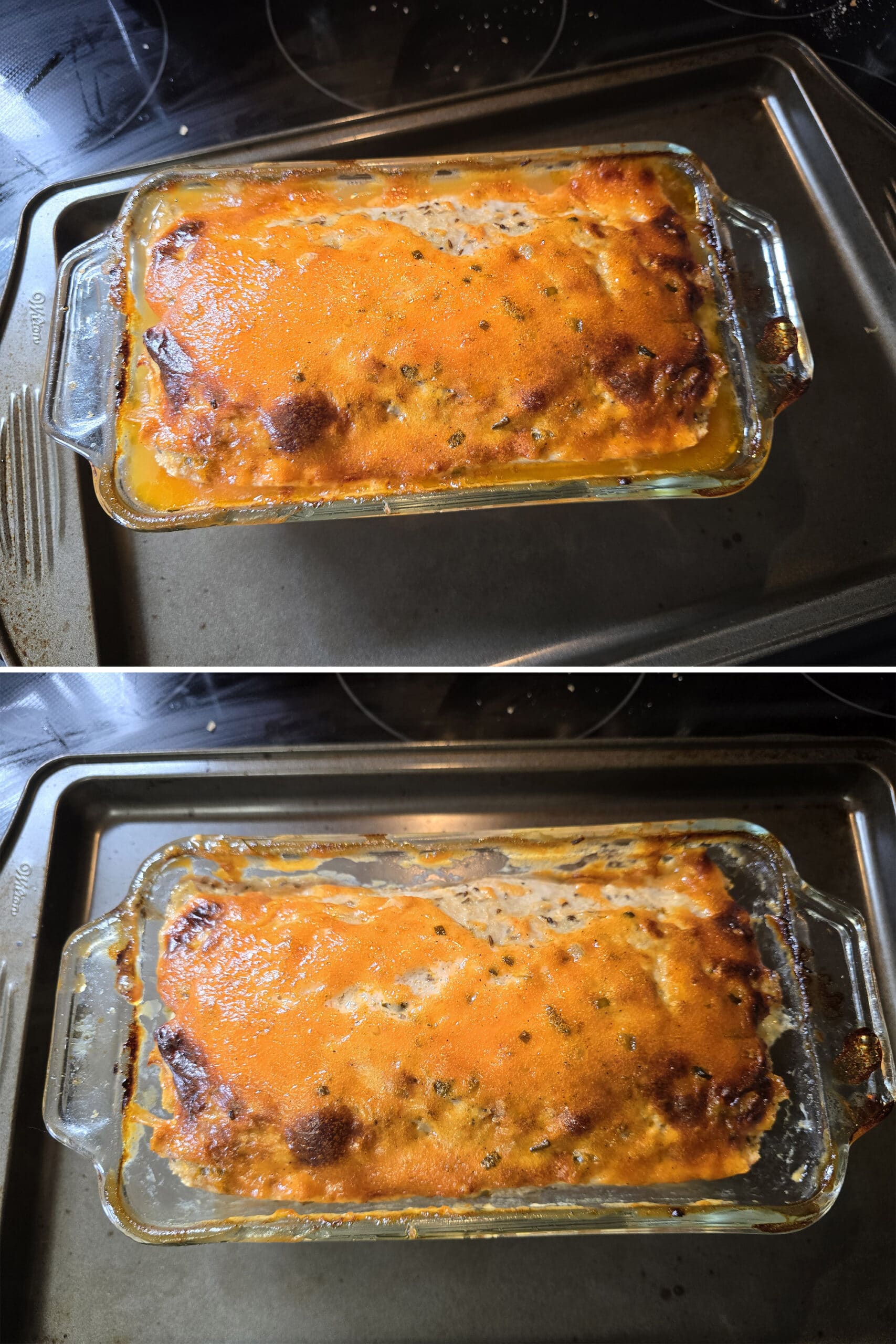 2 part image showing the baked Reuben stuffed meatloaf before and after pouring off the liquid.