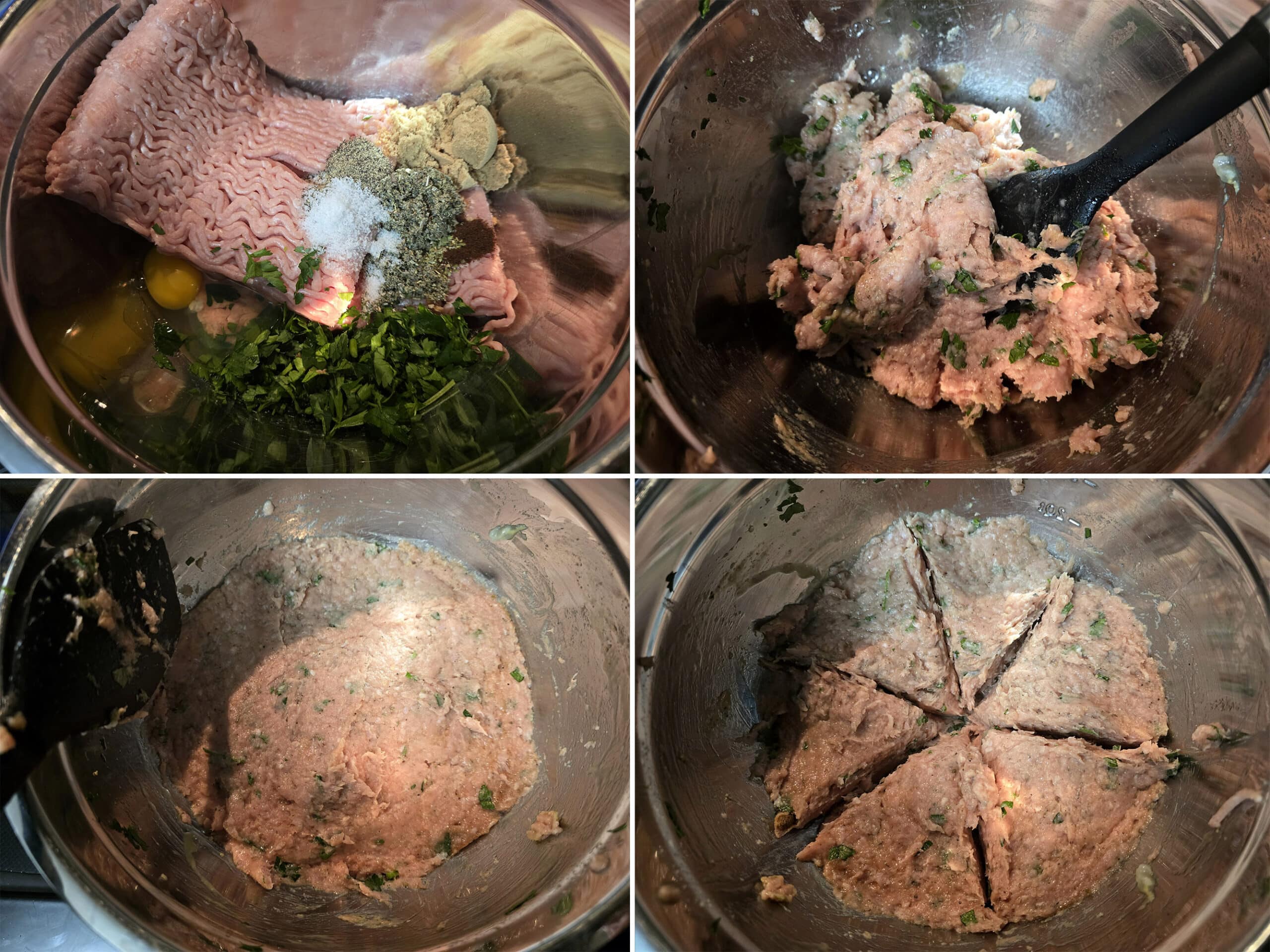 4 part image showing ground chicken being seasoned to taste like breakfast sausage, then divided into 6 portions.