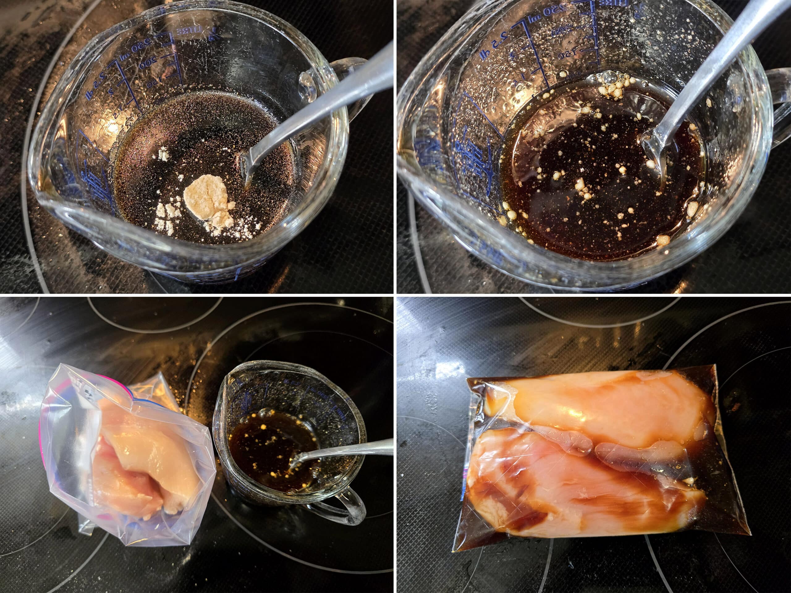 4 part image showing the marinade being mixed, and poured over boneless skinless chicken breasts in a baggie.