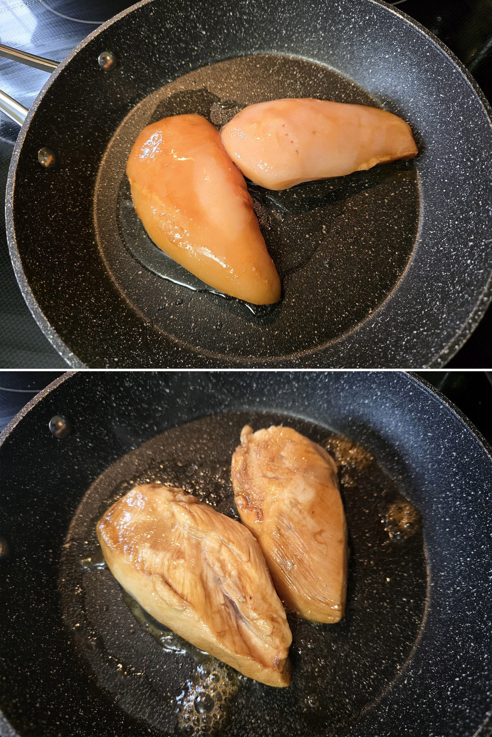 2 part image showing the marinated chicken breasts being browned in a pan.