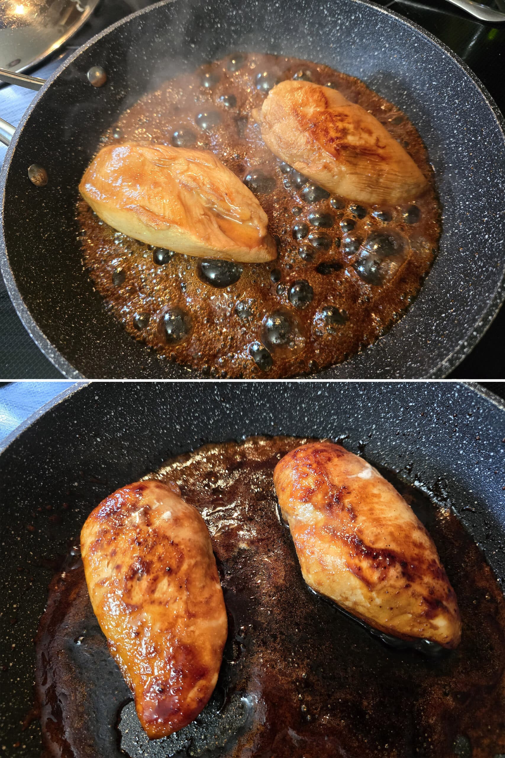 2 part image showing the balsamic glazed thickening and coating the chicken breasts.