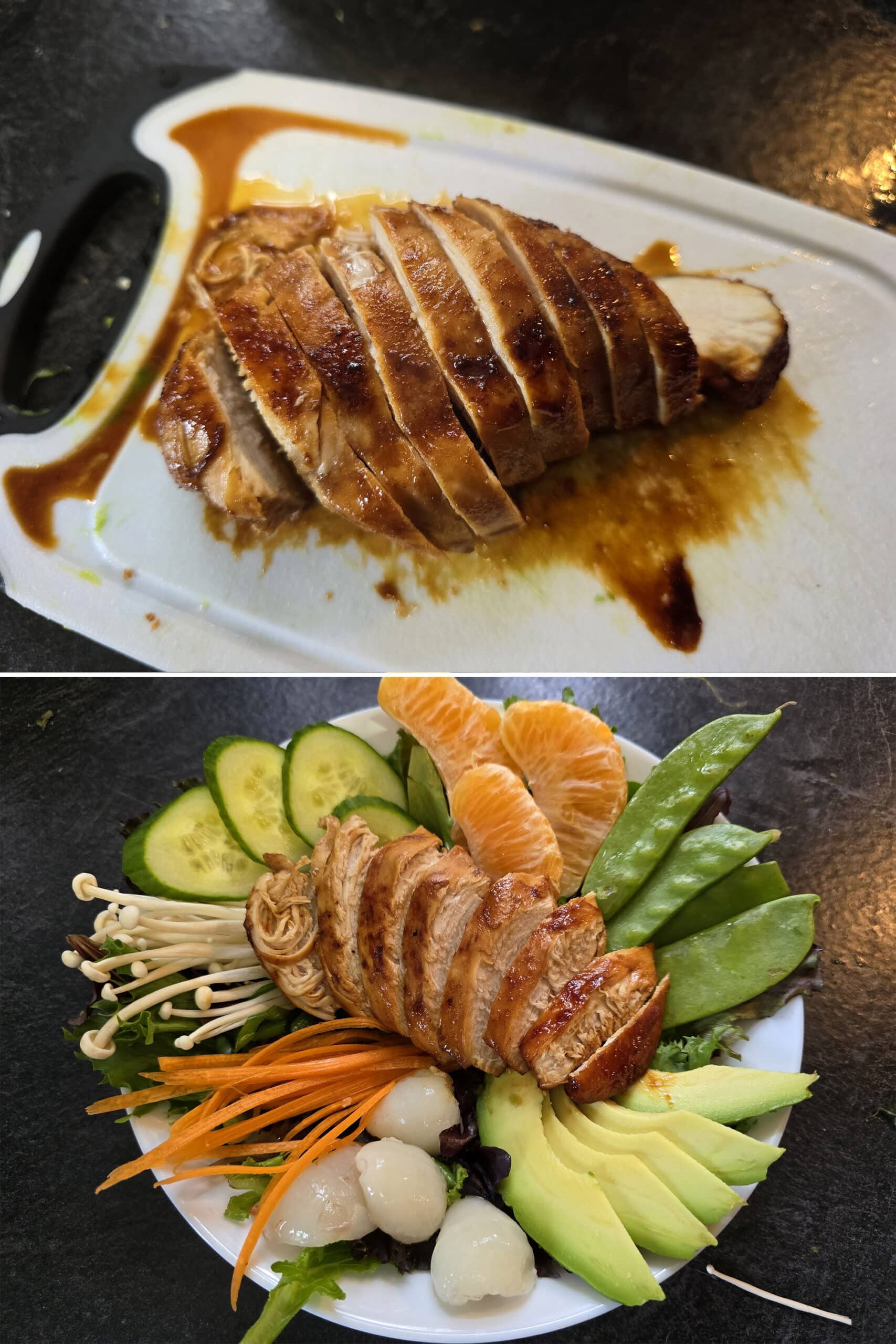 2 part image showing the balsamic glazed chicken being sliced and added to the top of a salad.