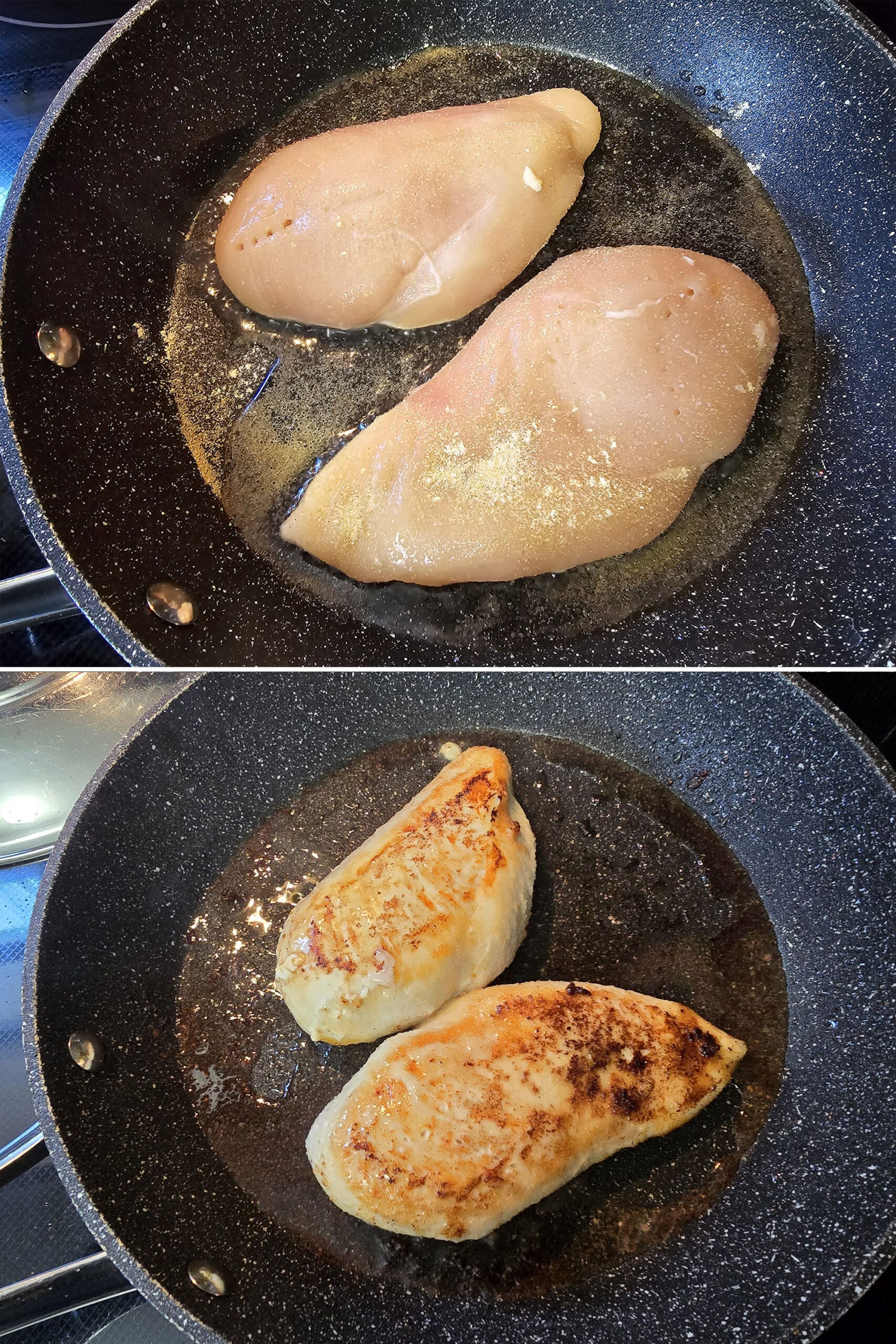 2 part image showing the chicken breasts being browned in the pan.