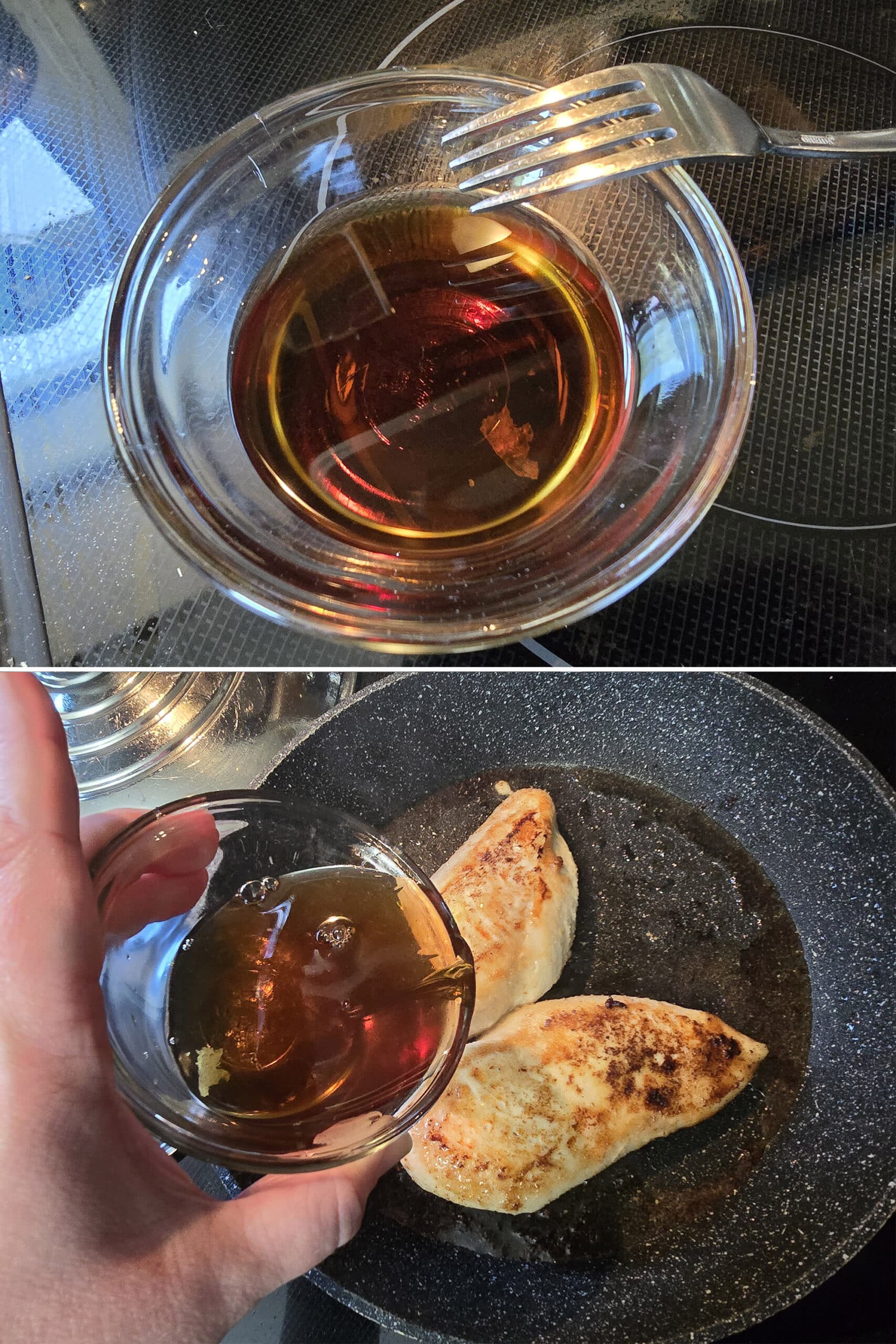 2 part image showing the balsamic glaze mixture being poured into the pan.