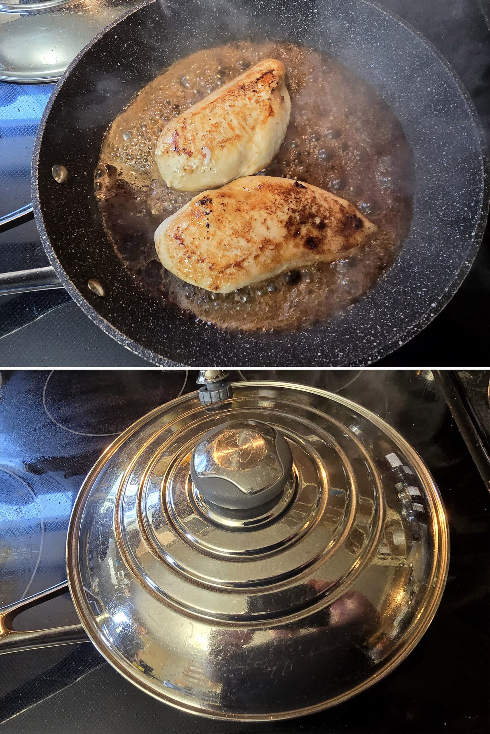 2 part image showing the white peach balsamic glaze simmering in the pan, and the pan covered with a lid.