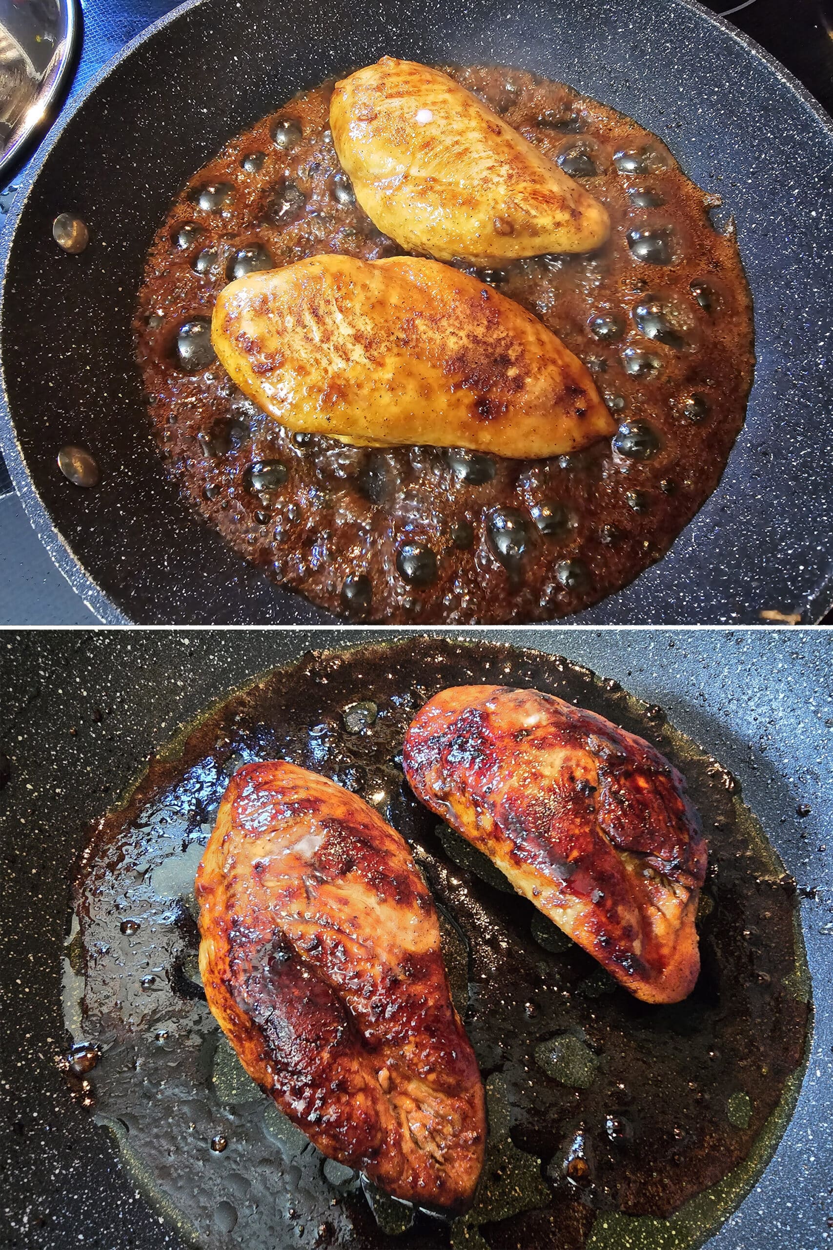 2 part image showing the white peach balsamic glaze cooking down on the chicken breasts.