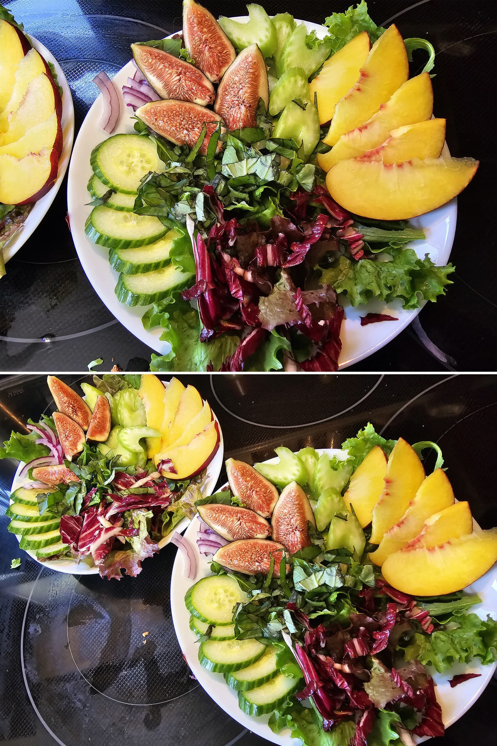 2 part image showing the constructed salads, before the addition of the balsamic peach glazed chicken.