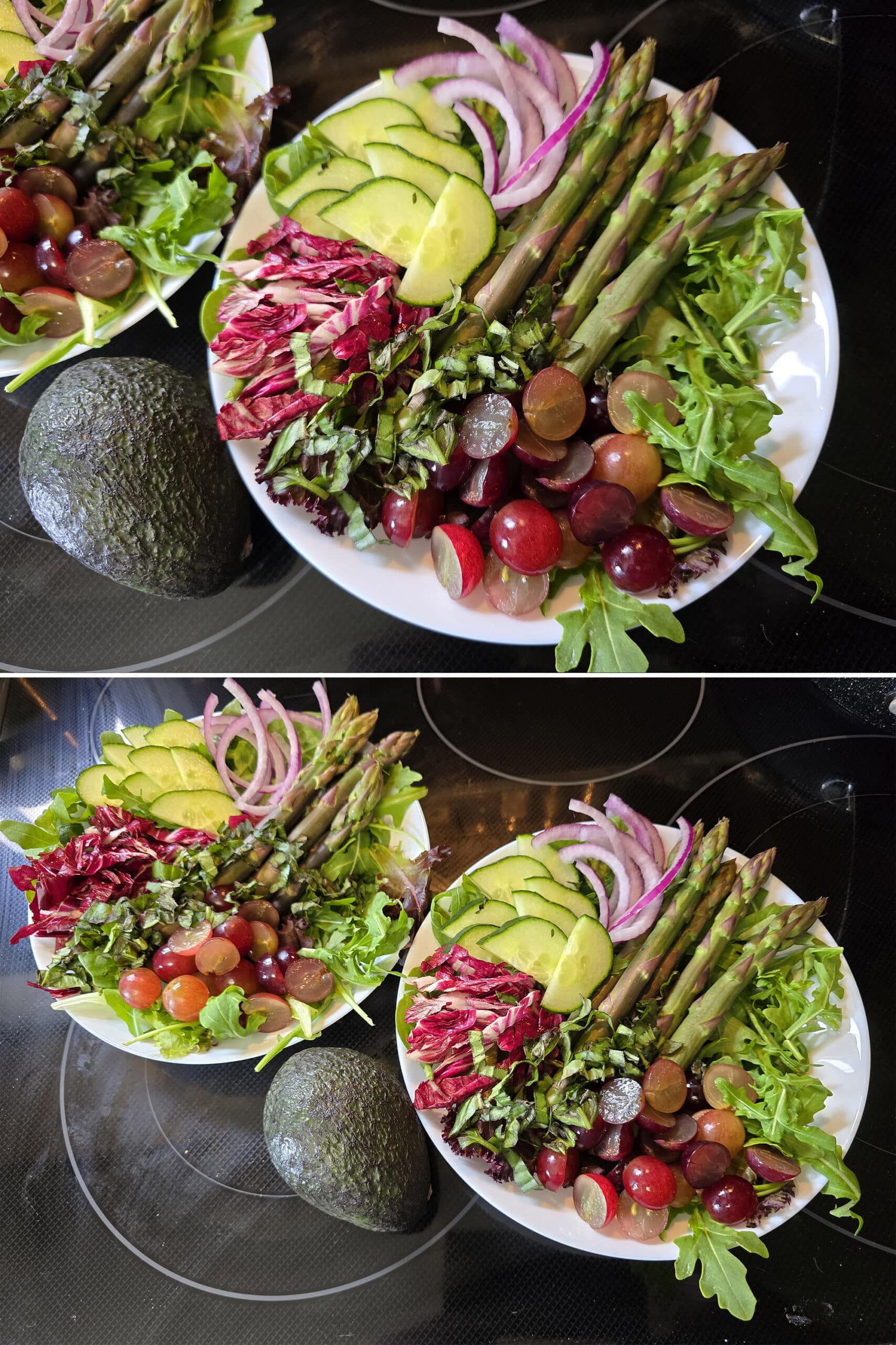 2 part image showing the prepared salads, without the chicken.