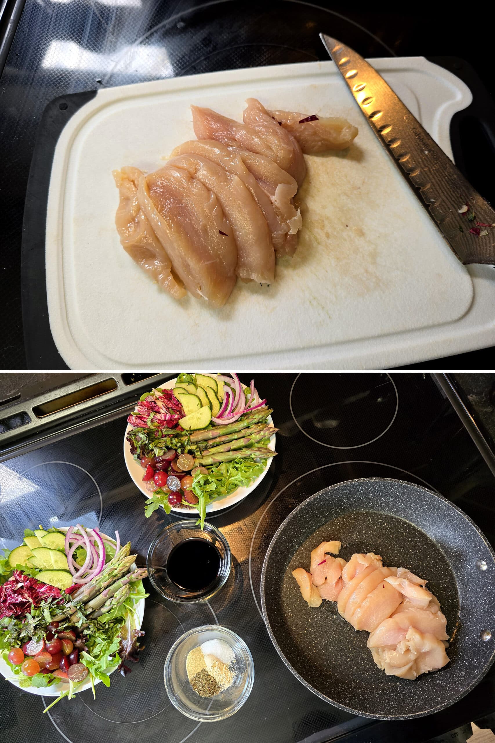 2 part image showing the chicken breast sliced, and all of the ingredients prepped and laid out on a stovetop.