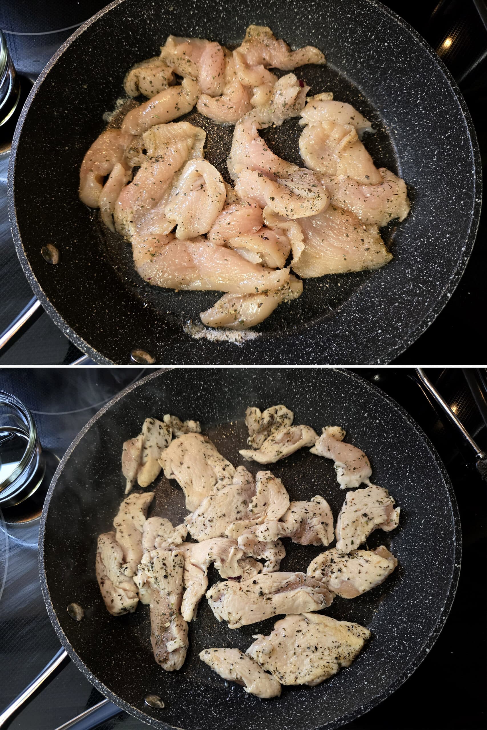 2 part image showing the seasoned chicken being cooked in a large pan.