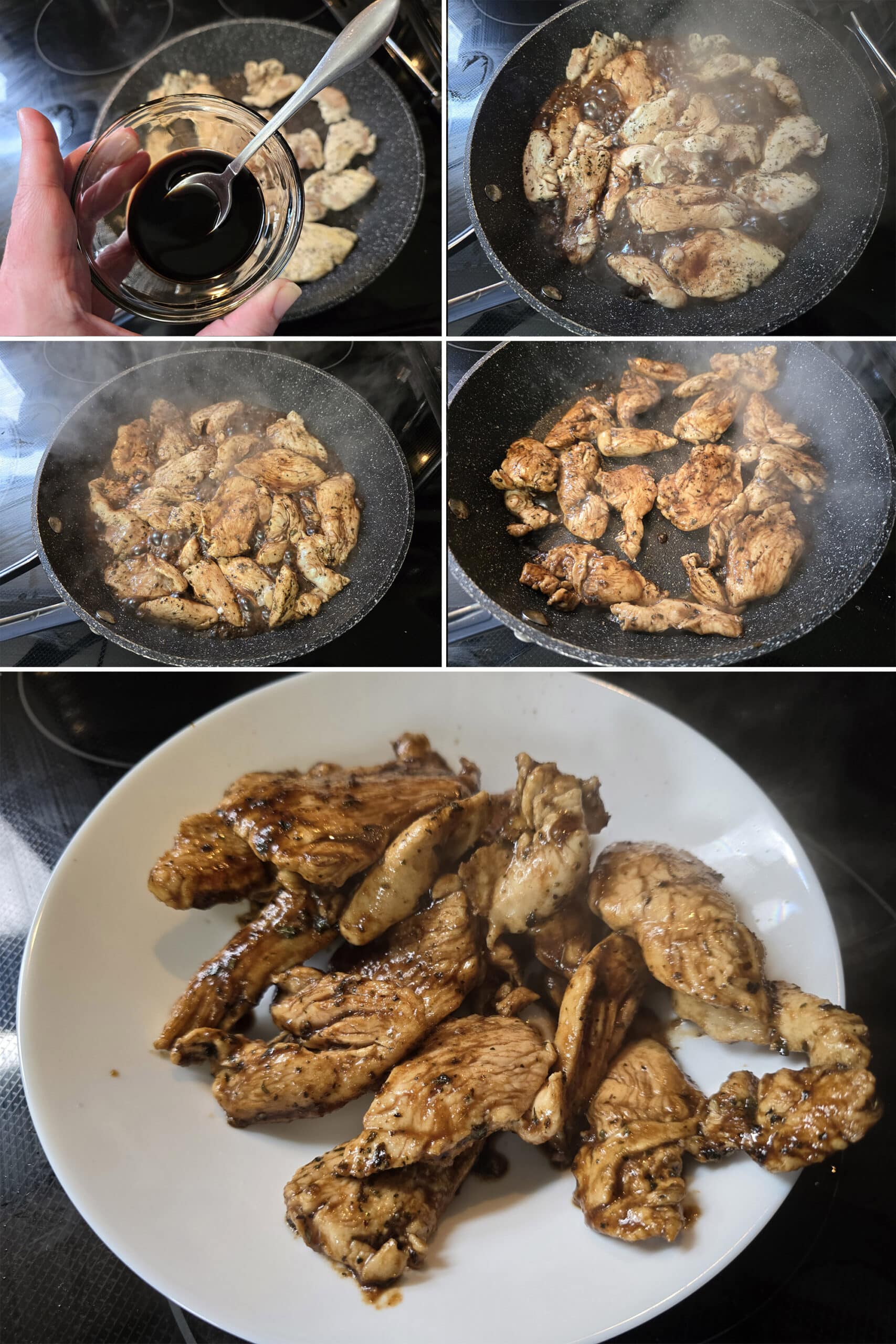 5 part image showing the balsamic glaze being added to the pan and cooked down, then the glazed chicken in a bowl.