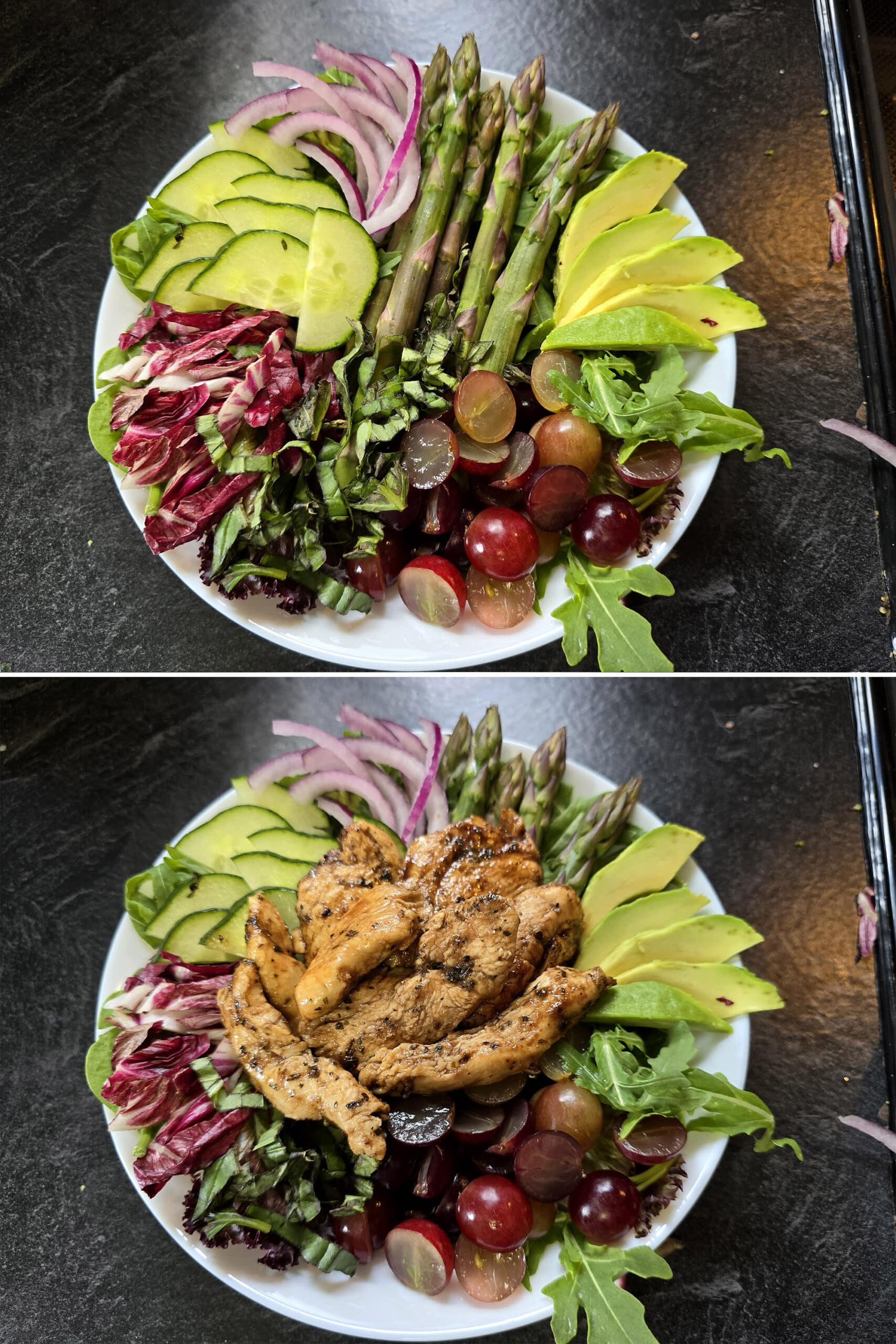 2 part image showing a constructed salad, before and after adding the balsamic chicken.