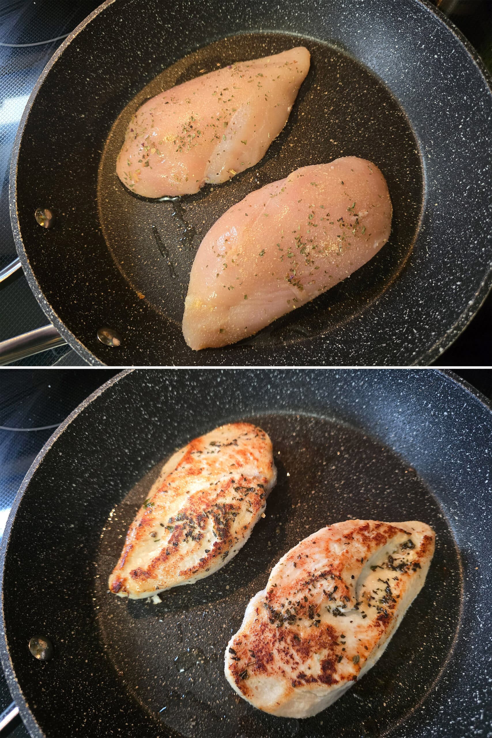 2 part image showing the chicken breasts being browned.