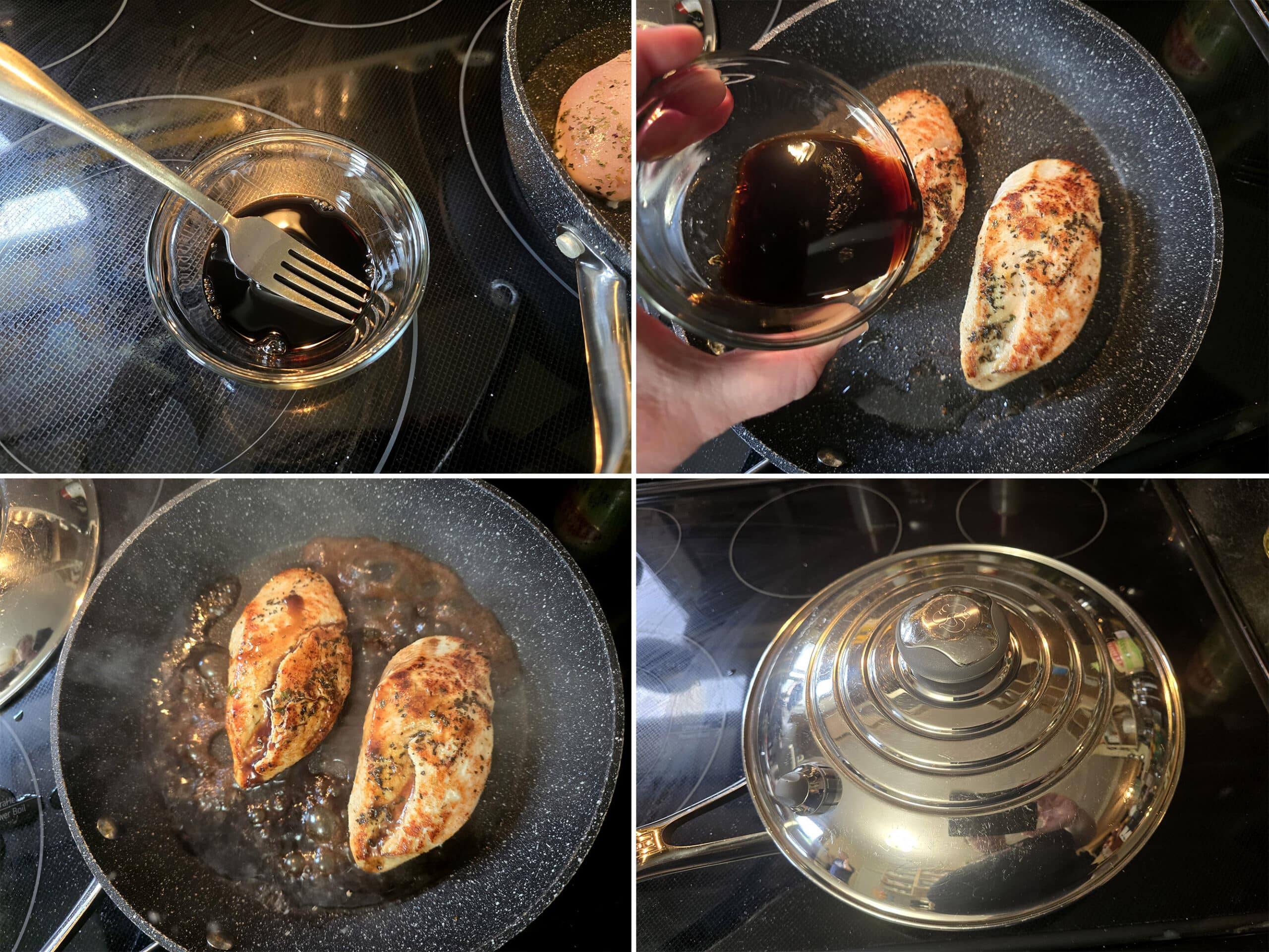 4 part image showing the balsamic glaze being mixed, added to the pan, and covered.