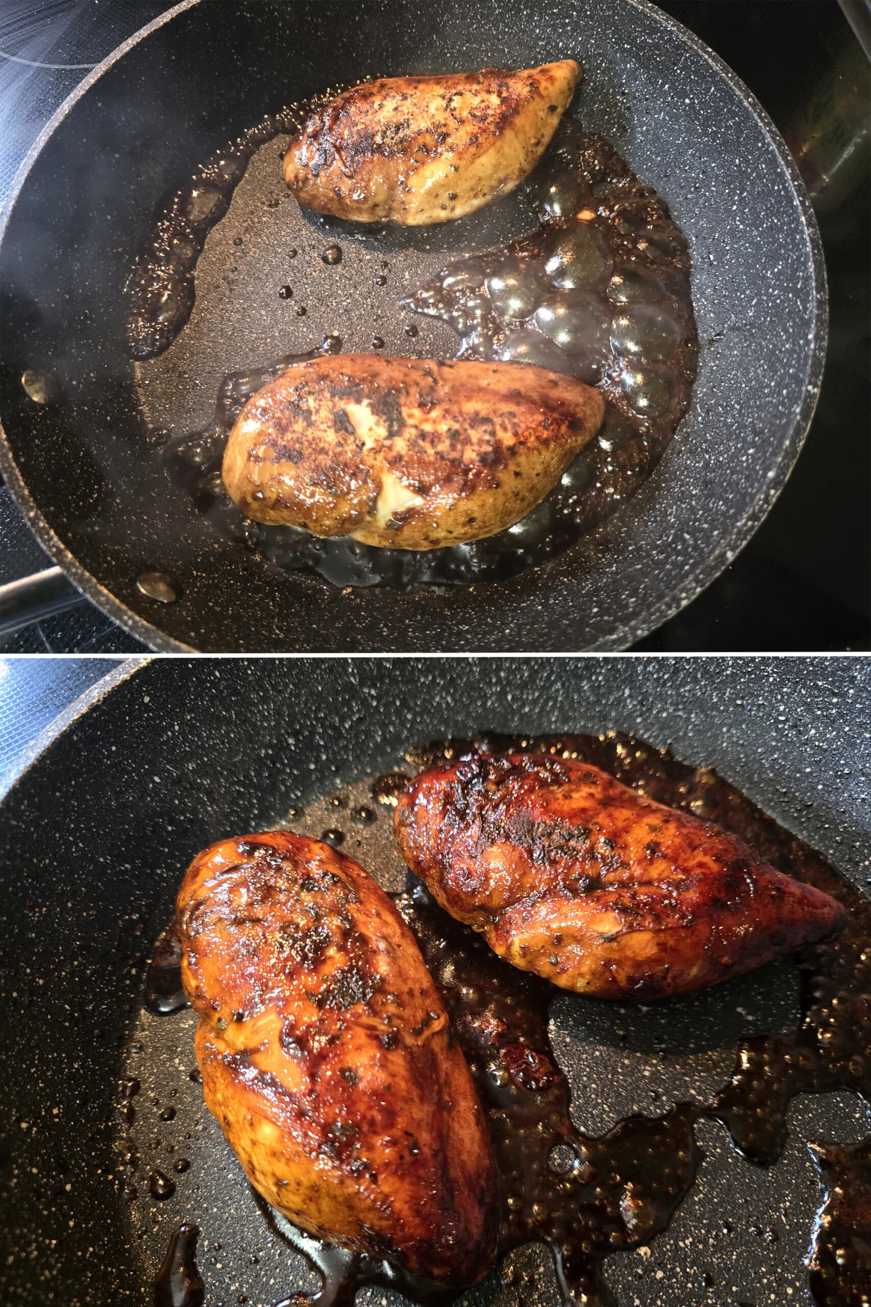 2 part image showing 2 chicken breasts cooking in a thick balsamic glaze.