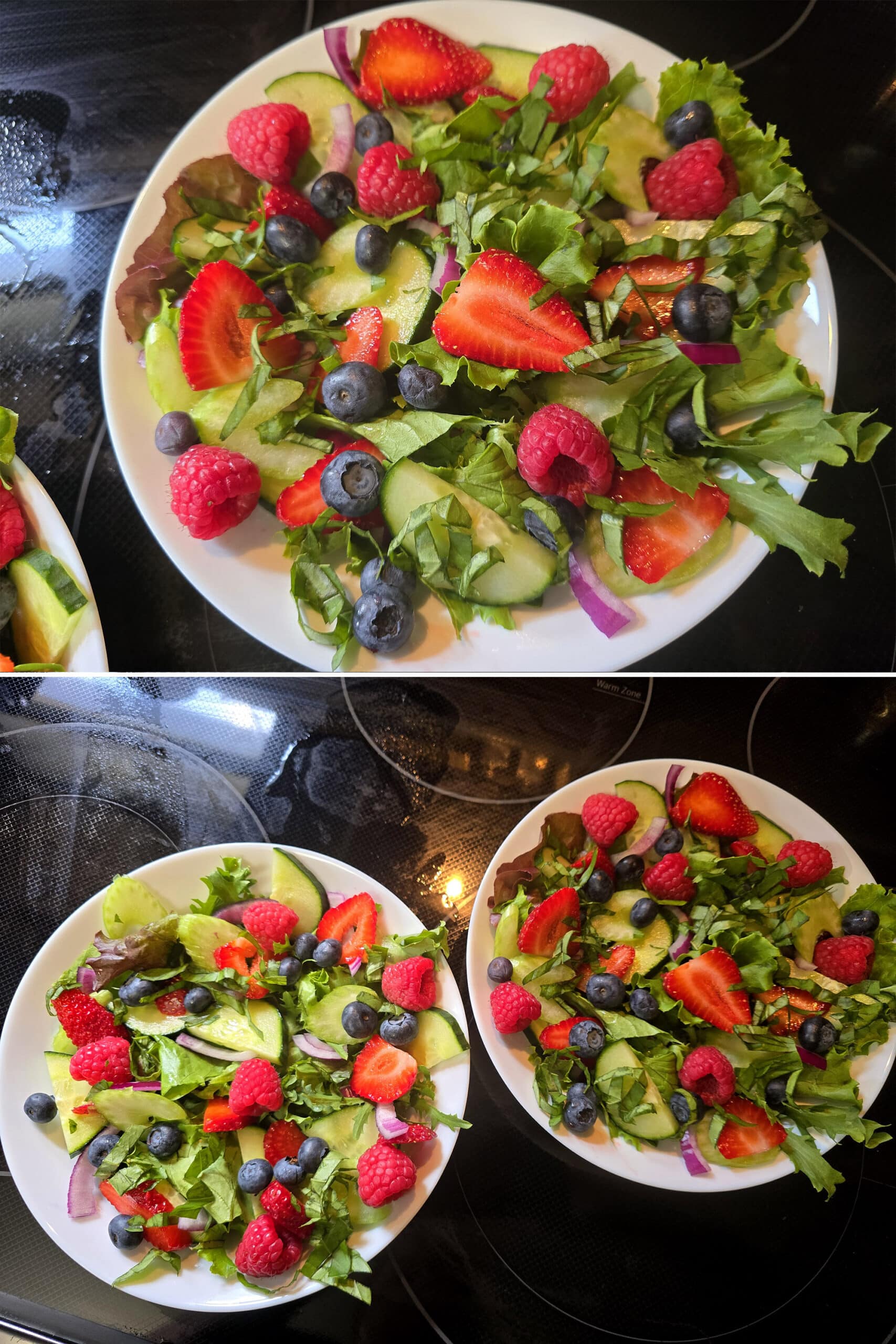 2 part image showing the summer berry salads being made.