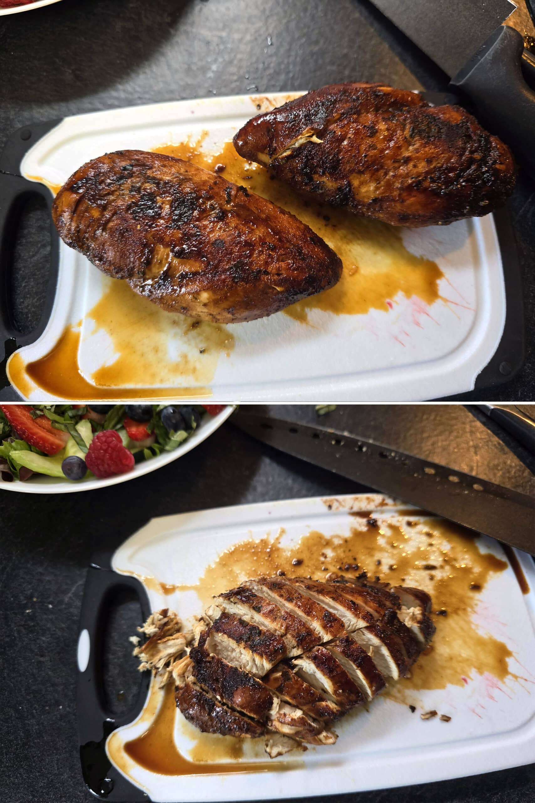 2 part image showing the balsamic glazed chicken breast being sliced.