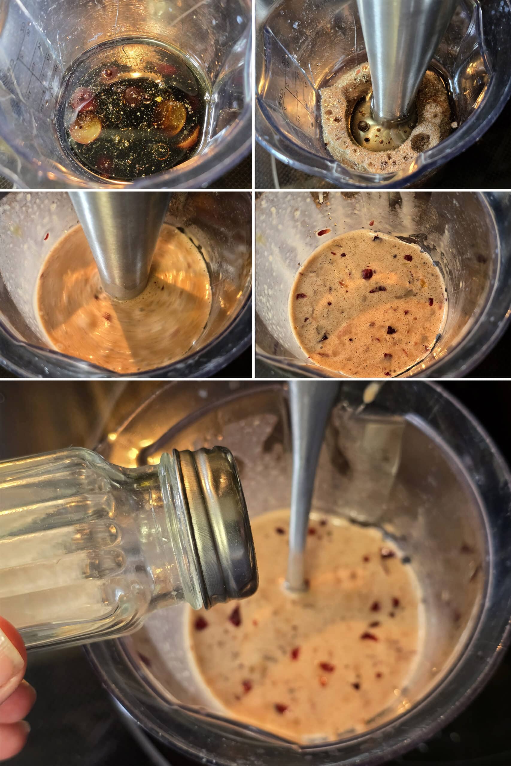 5 part image showing the grape balsamic vinaigrette being mixed.