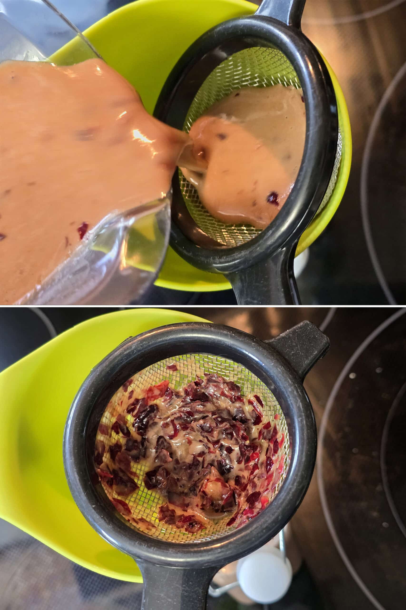 2 part image showing the grape balsamic vinaigrette being strained through a mesh sieve.