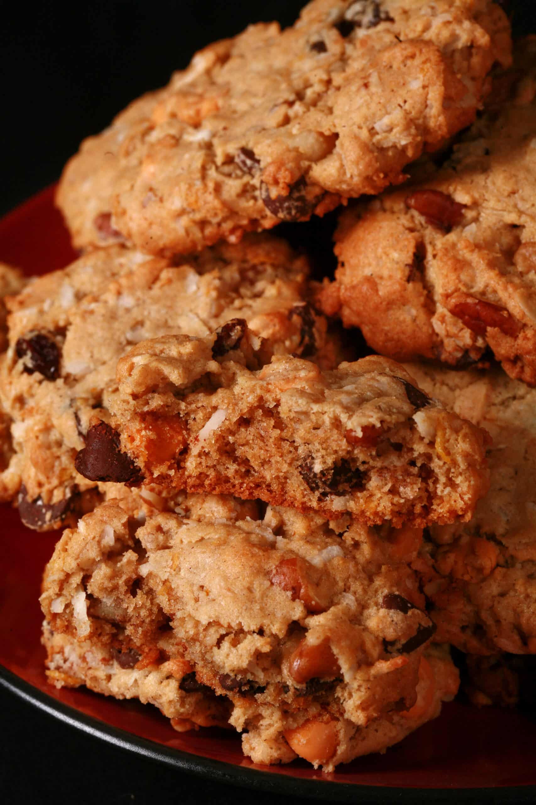 A plate of gluten-free everything but the kitchen sink cookies.