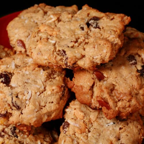 A plate of gluten free cowboy cookies.