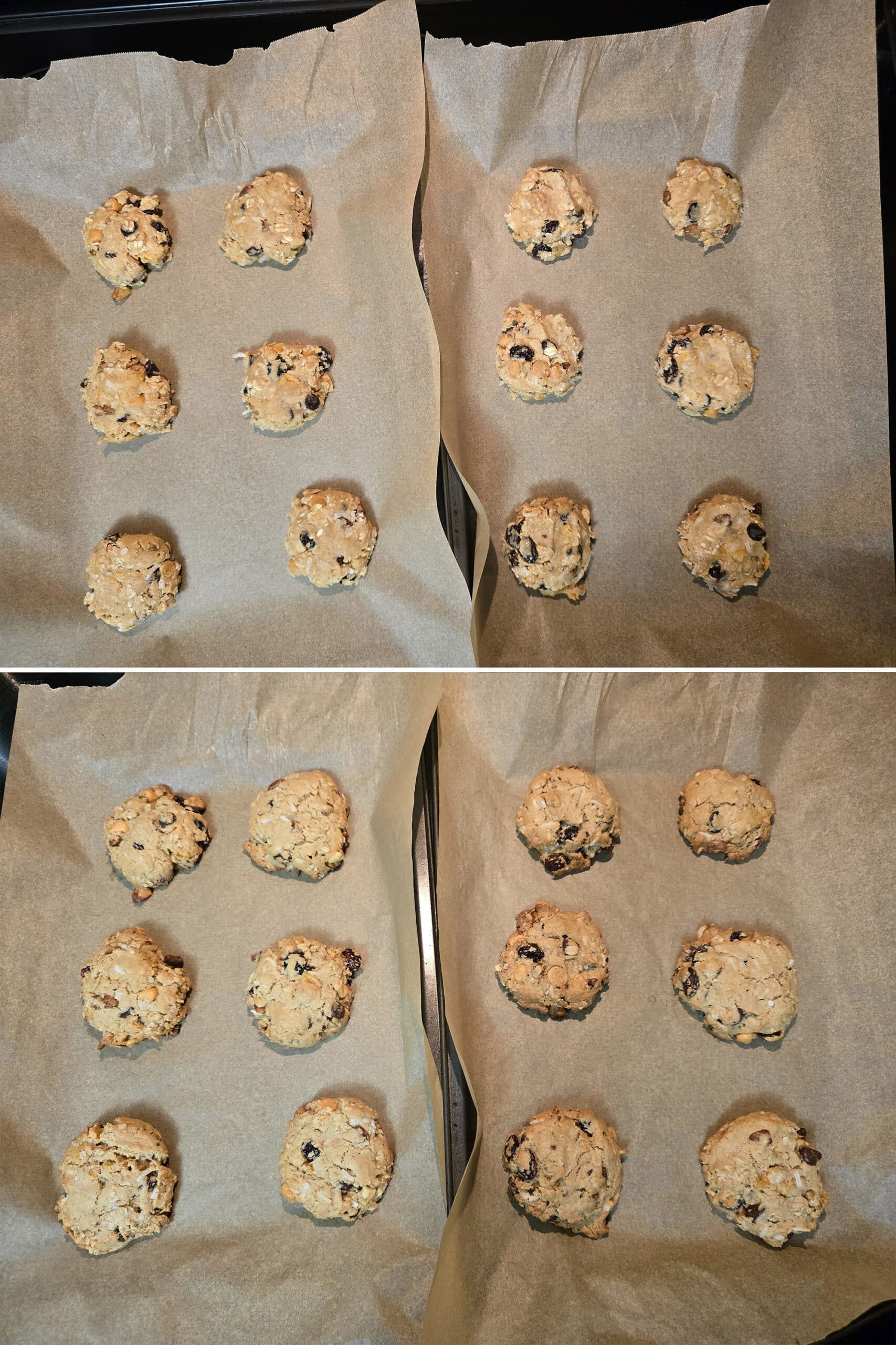 A pan of gluten free cowboy cookies, before and after baking.