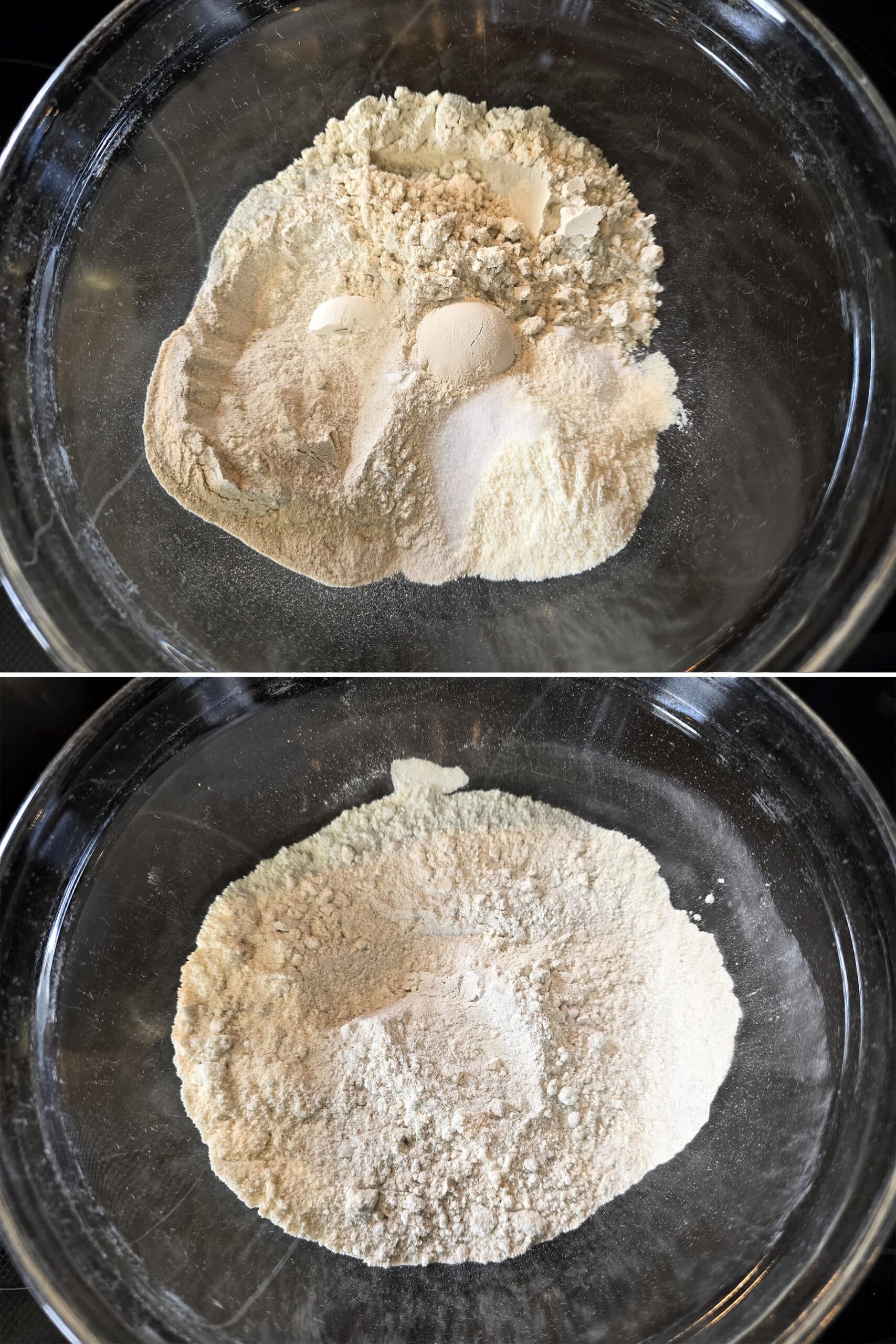 2 part image showing the dry ingredients being mixed together.