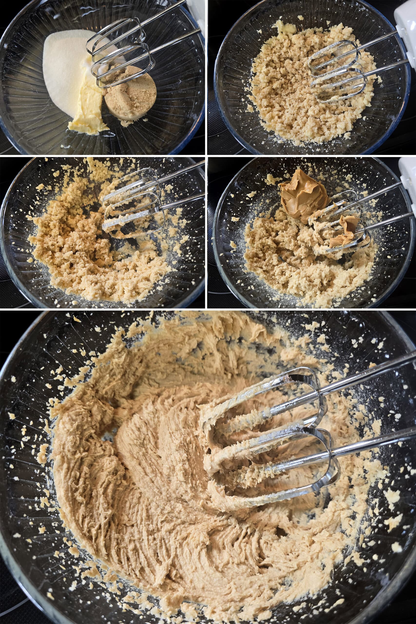 5 part image showing the butter and sugars being beaten together, then the peanut butter mixed in.