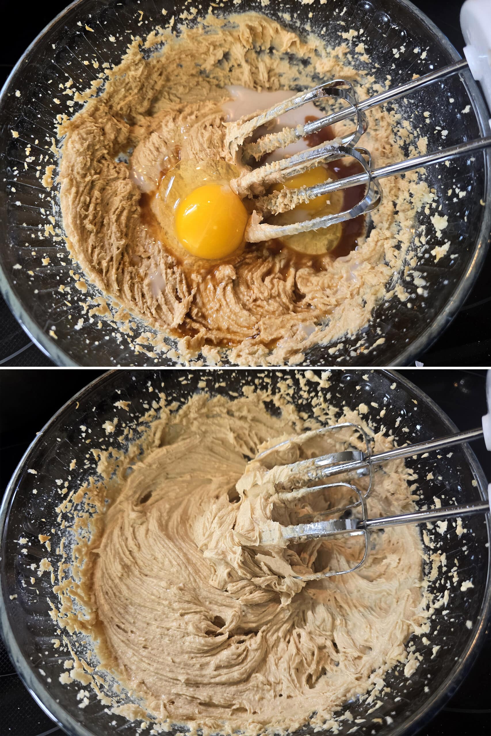 The eggs and vanilla being beaten into the wet ingredients.