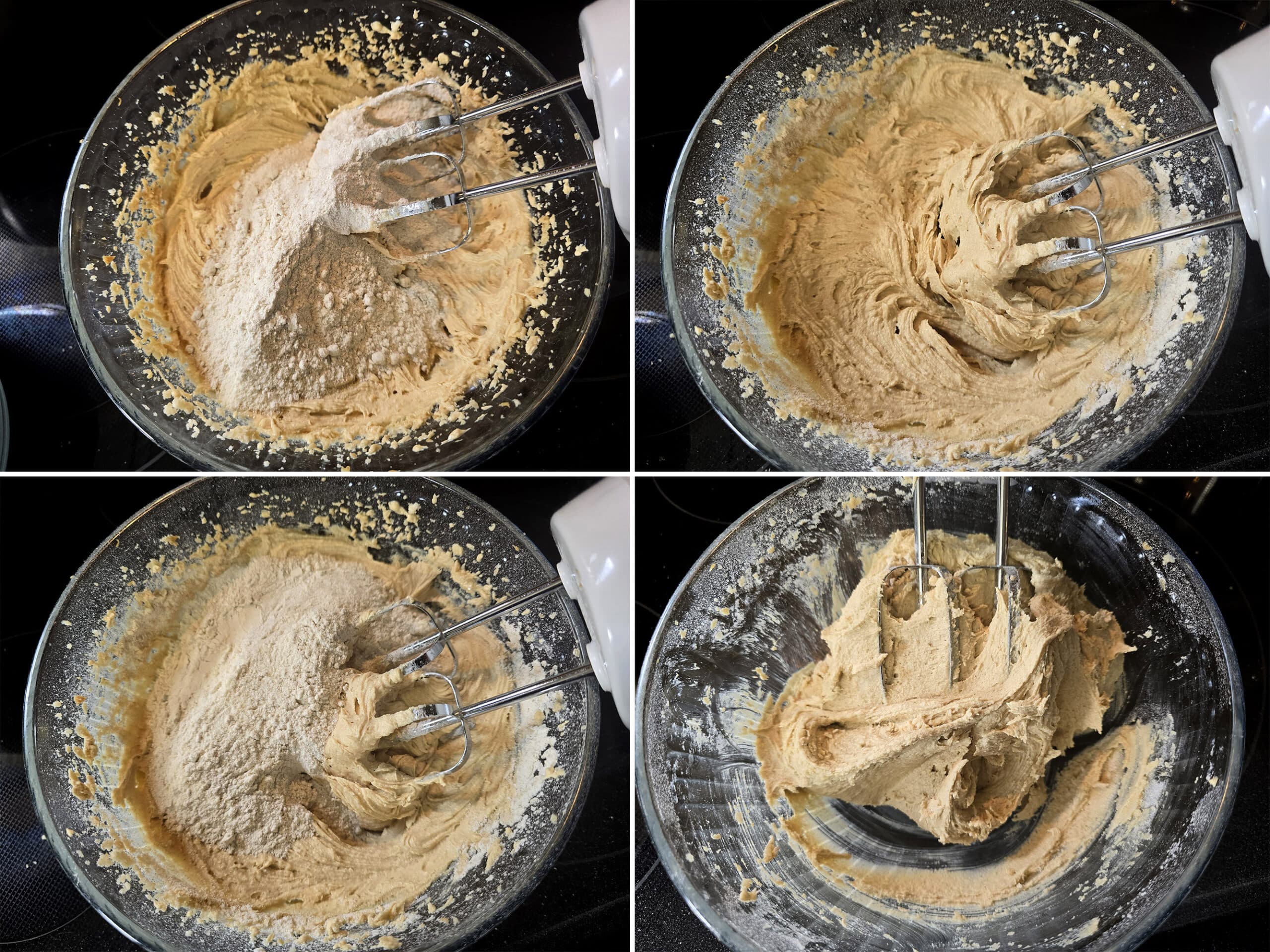 4 part image showing the dry ingredients being mixed into the wet ingredient mixture.