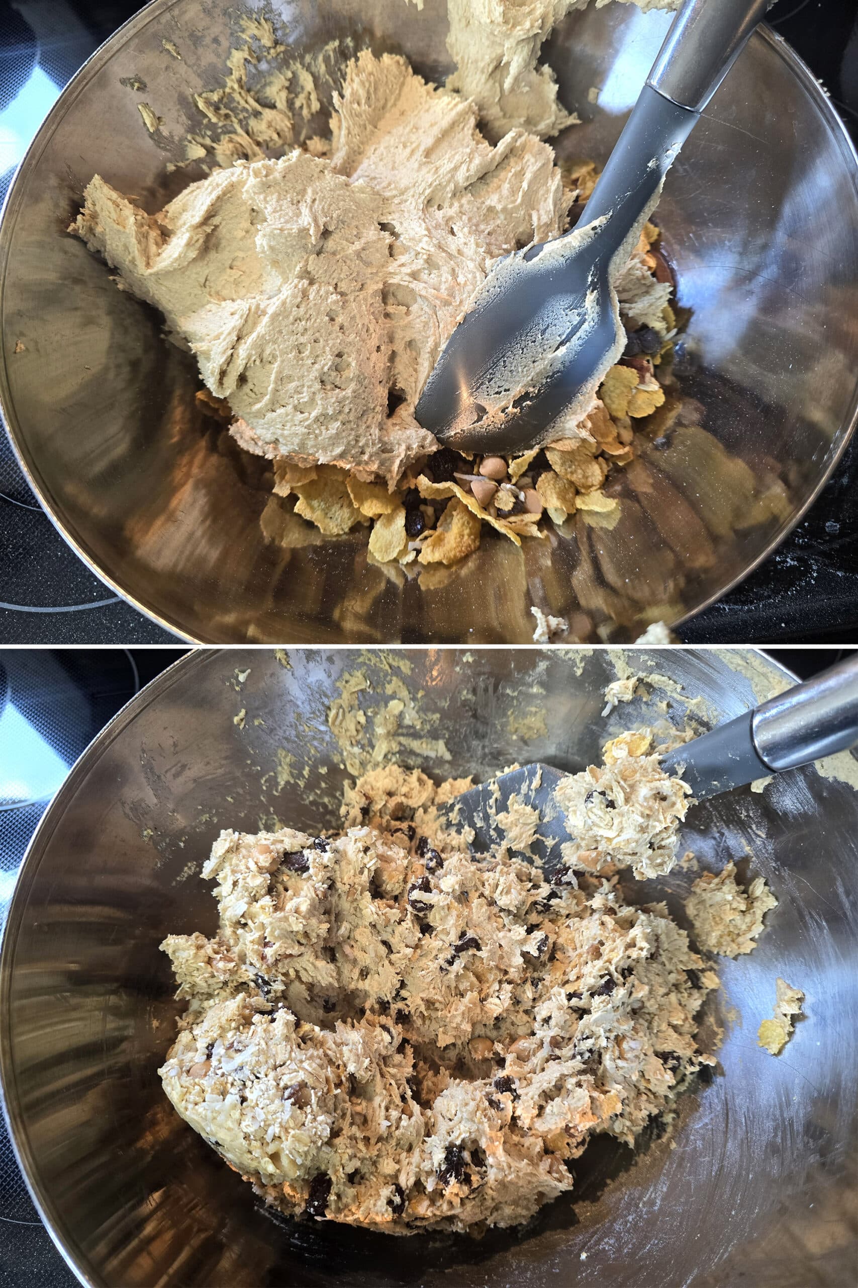 The goodies being stirred into the gluten free cookie dough.