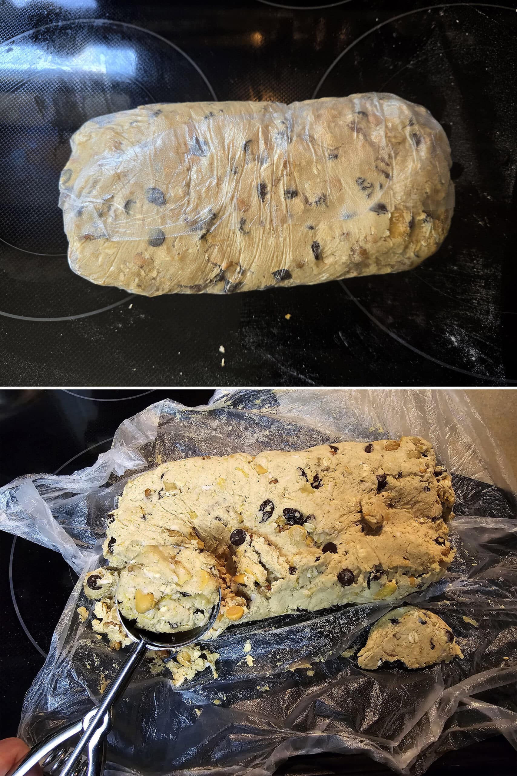 The gluten-free cowboy cookie dough, before and after chilling.