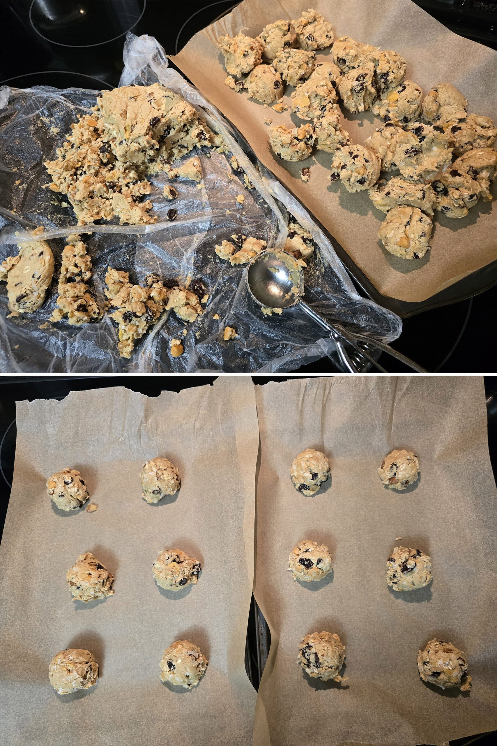 A cookie scoop being used to scoop gluten free cookie dough into balls.