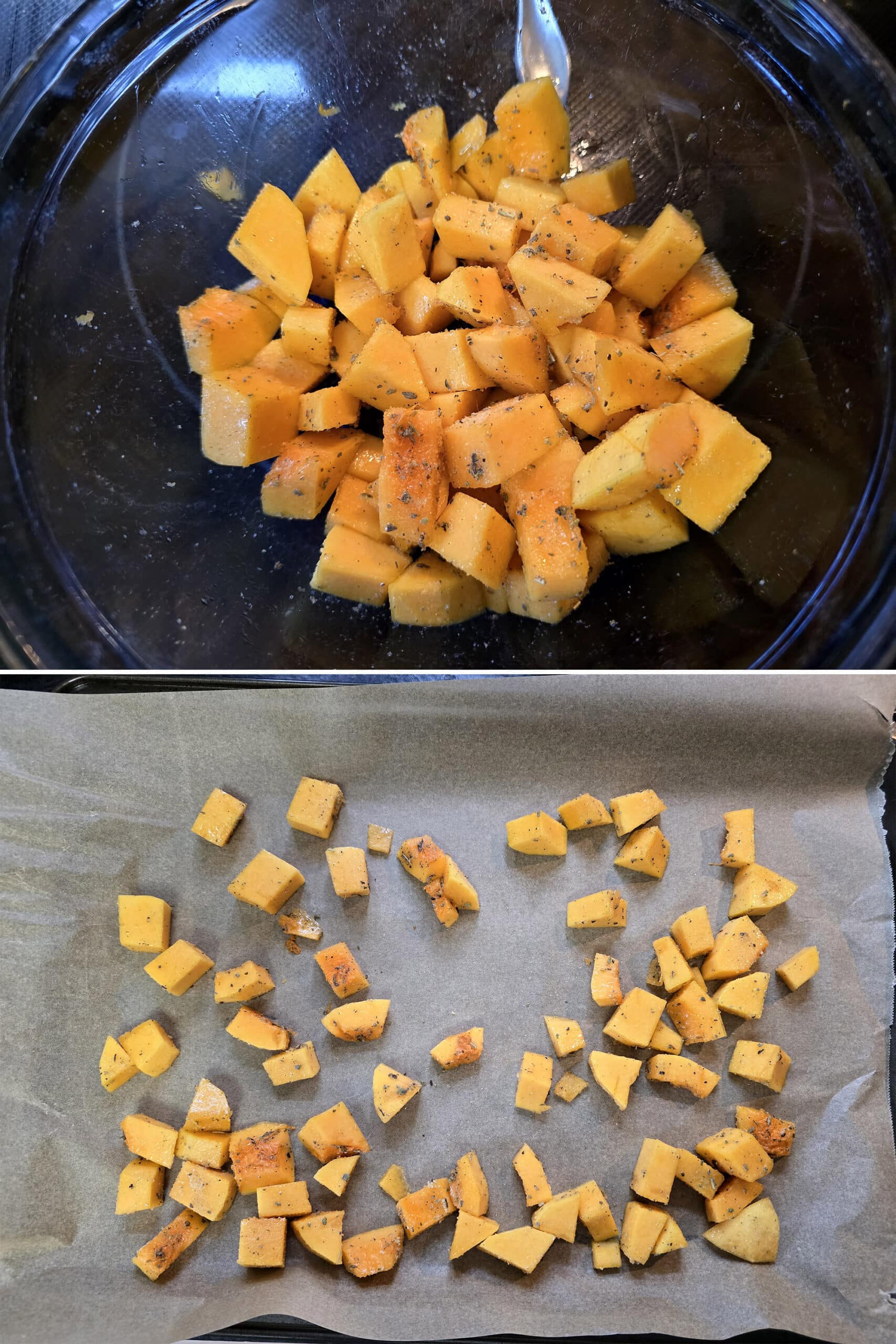 2 part image showing the squash being seasoned and spread on a parchment lined baking sheet.