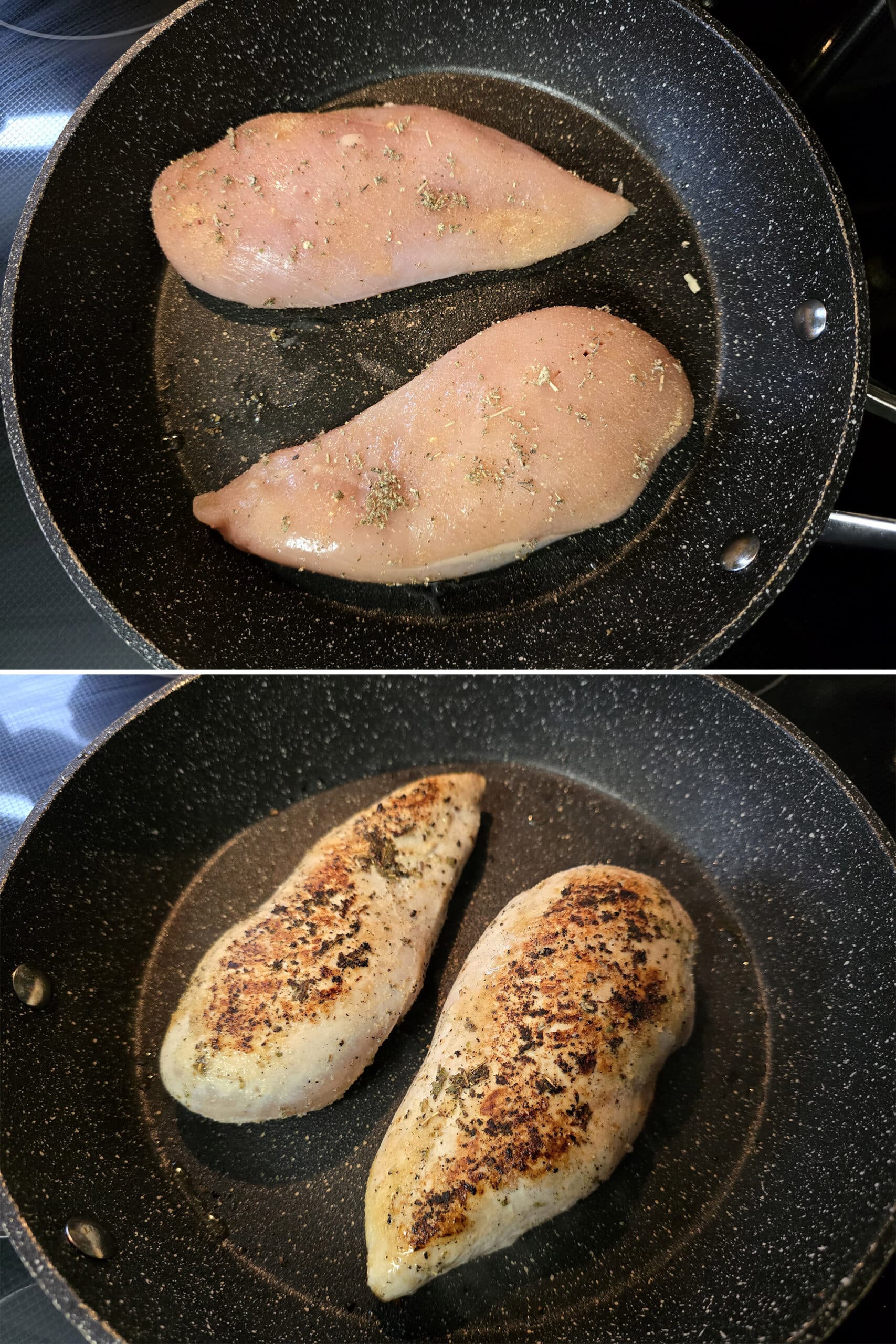 2 part image showing the seasoned chicken breasts being browned in a large pan.