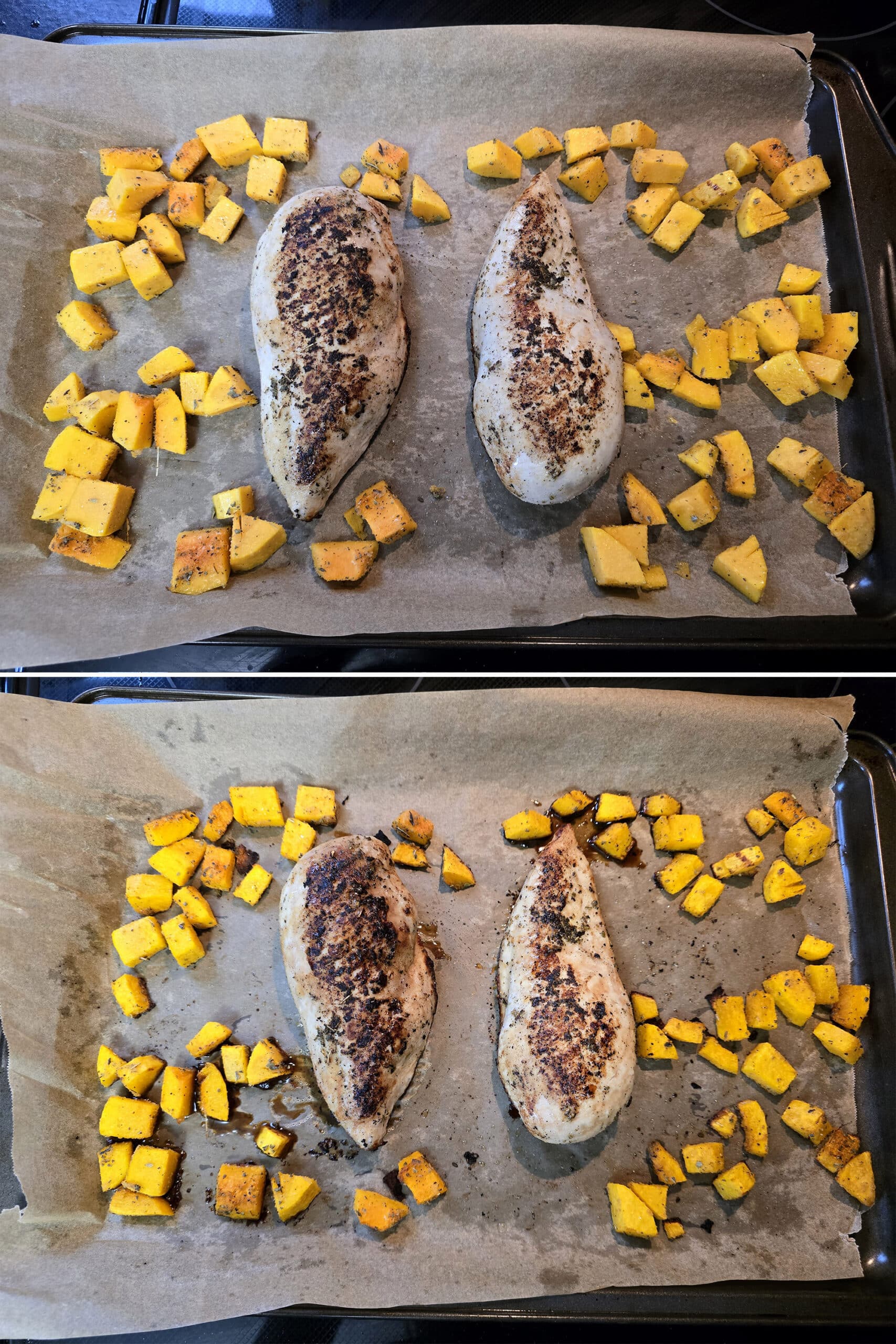 2 part image showing the pan of chicken and squash, before and after roasting.