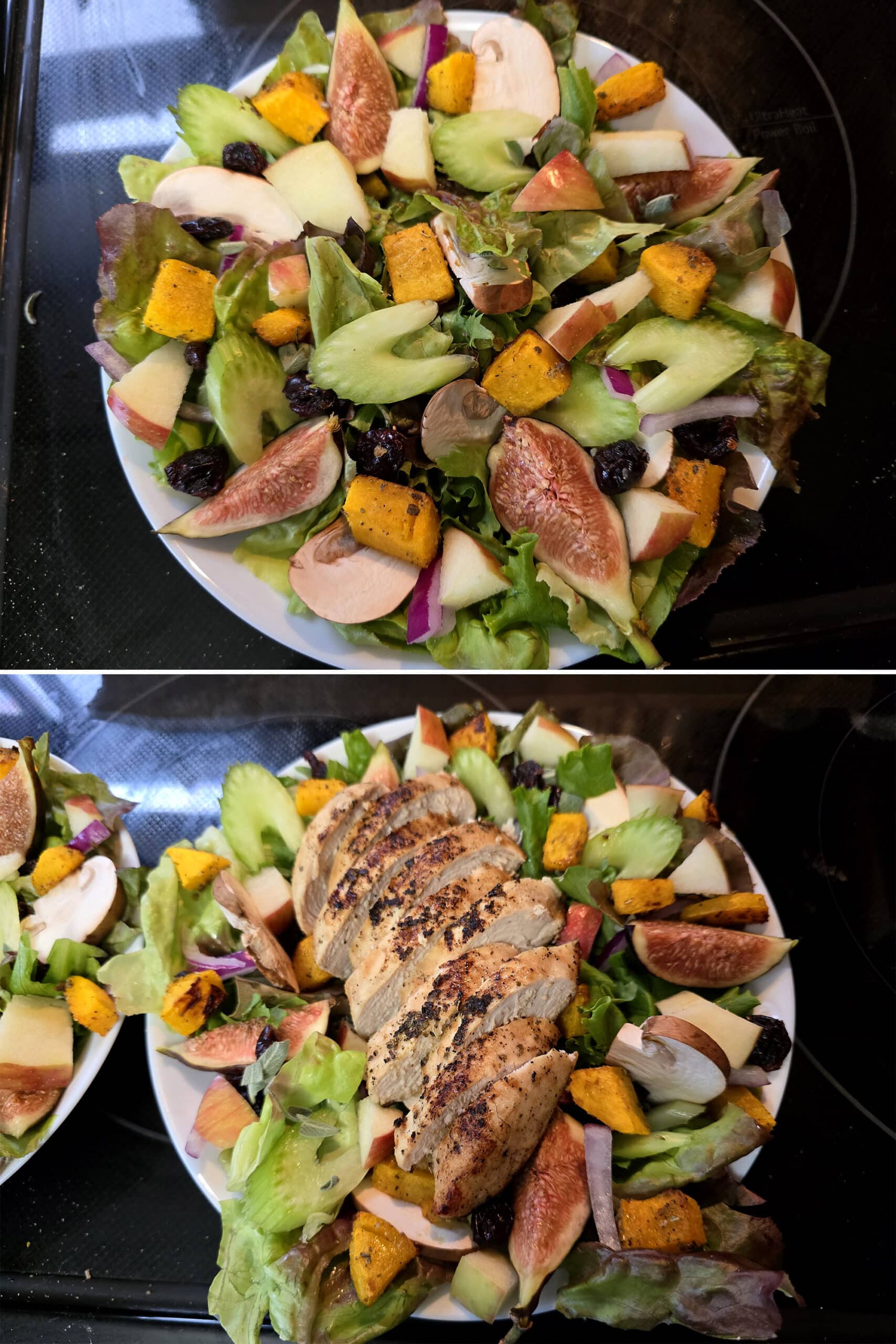 2 part image showing the assembled harvest salad, before and after the chicken is added to the top.